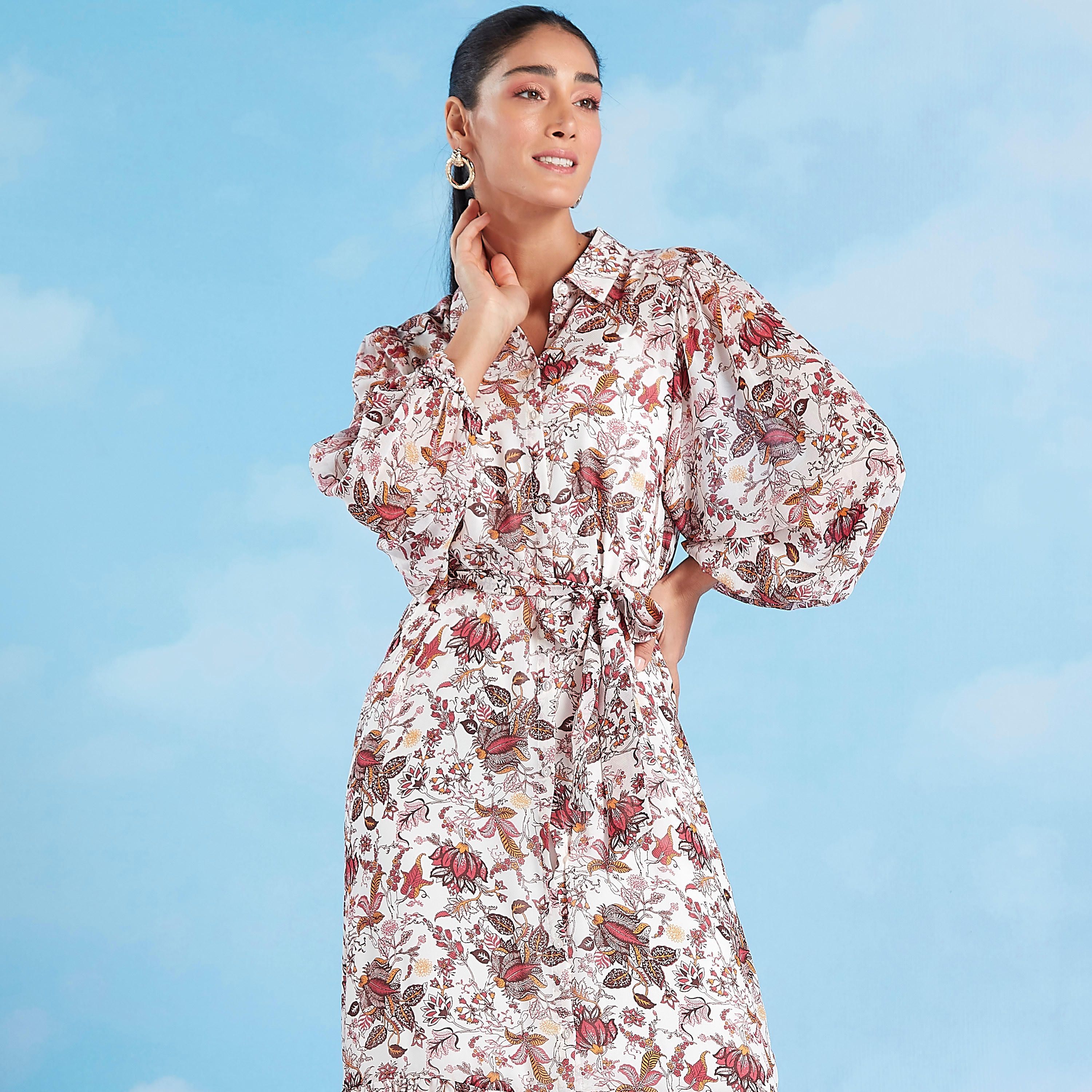 فستان ميدي بطبعات وياقة عادية مع أكمام 3/4 وأربطة-women-clothing-dresses-image-1