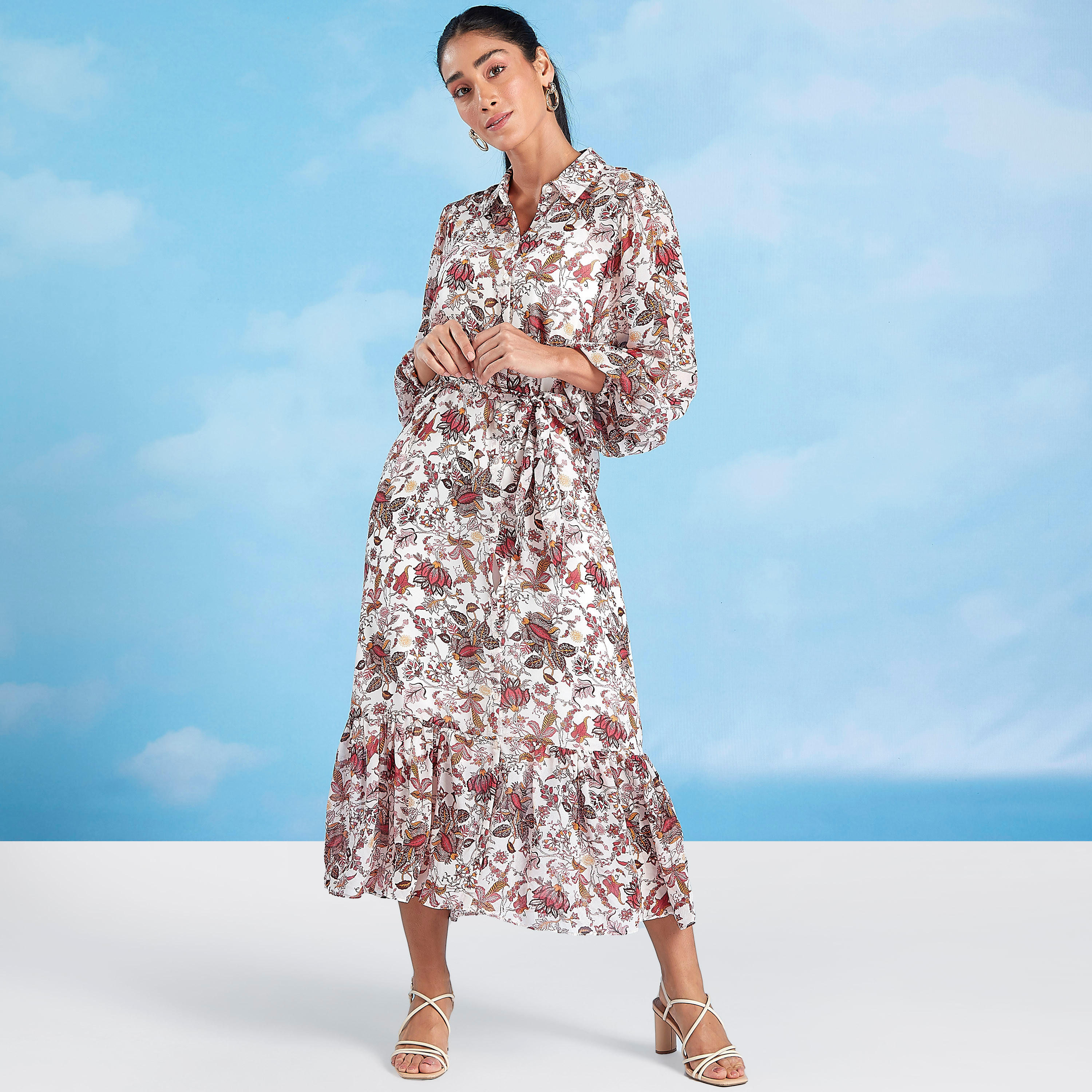 فستان ميدي بطبعات وياقة عادية مع أكمام 3/4 وأربطة-women-clothing-dresses-image-2