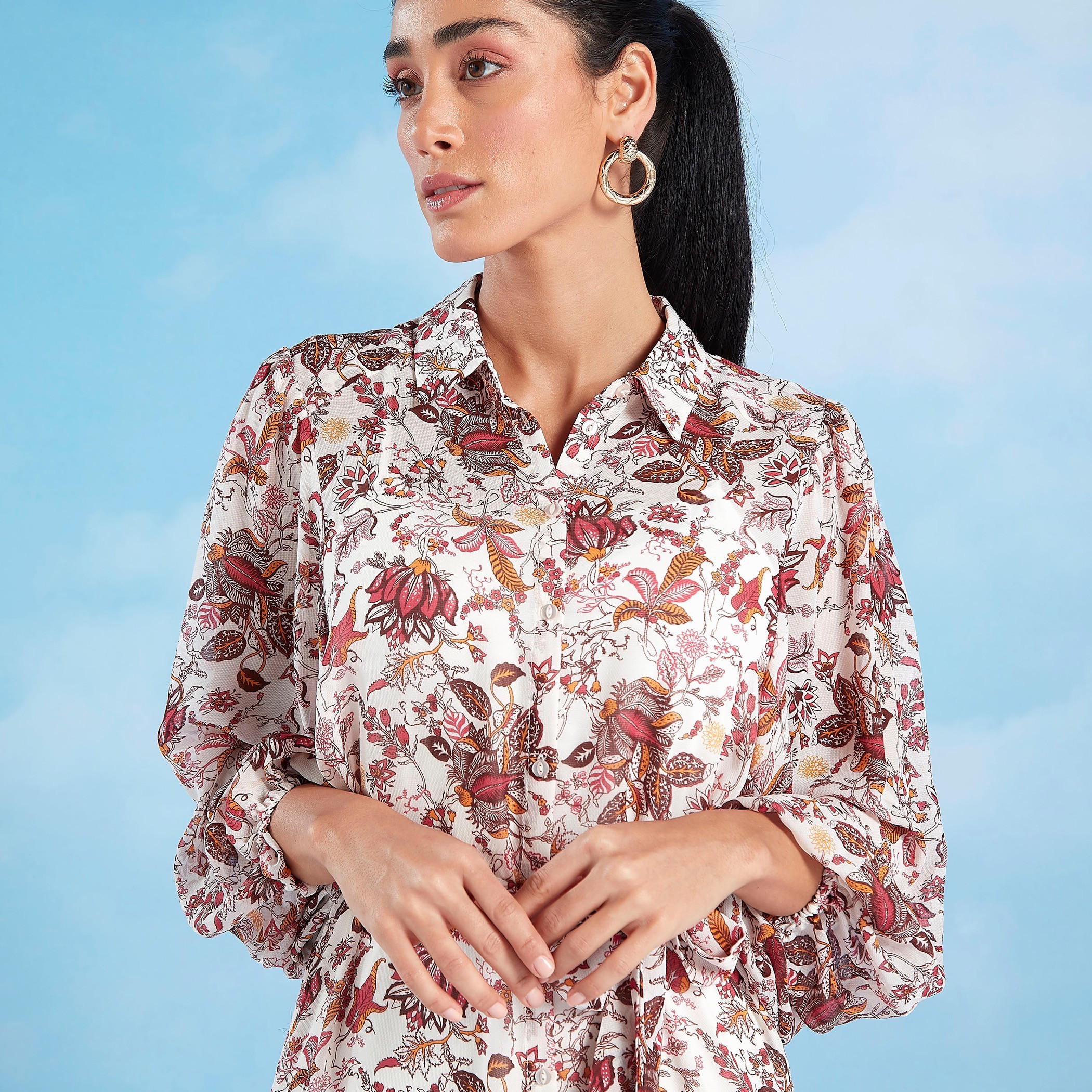 فستان ميدي بطبعات وياقة عادية مع أكمام 3/4 وأربطة-women-clothing-dresses-image-3