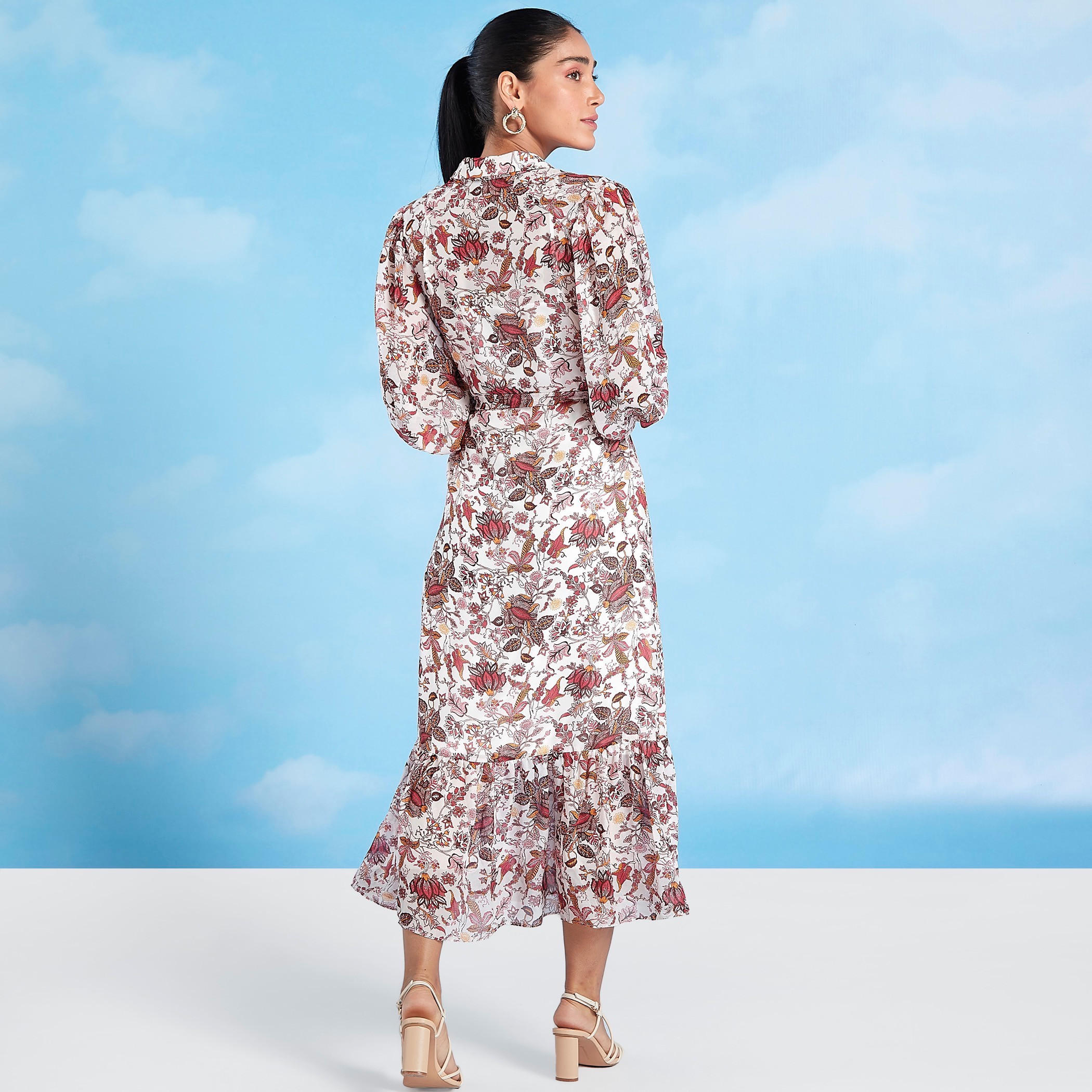 فستان ميدي بطبعات وياقة عادية مع أكمام 3/4 وأربطة-women-clothing-dresses-image-4