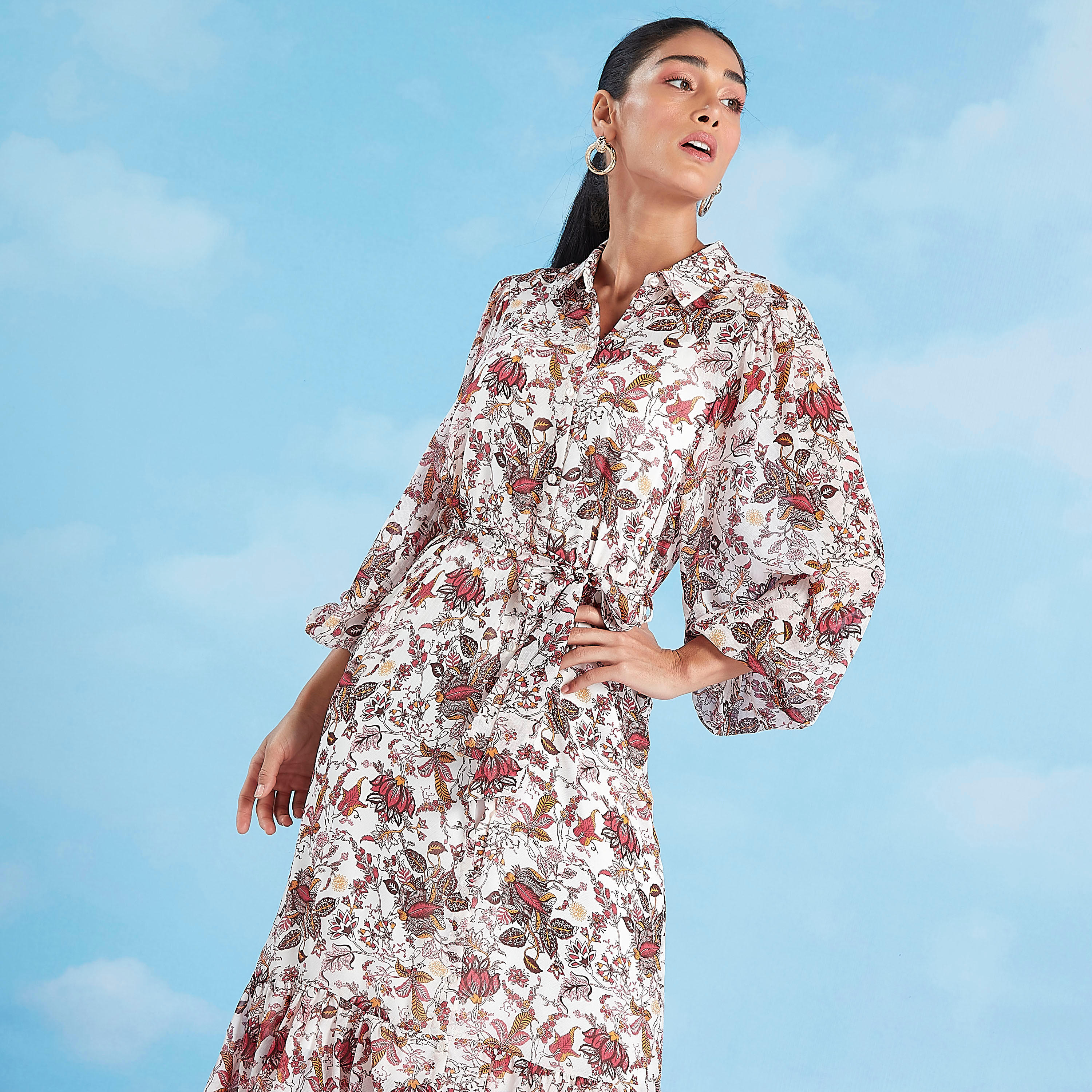 فستان ميدي بطبعات وياقة عادية مع أكمام 3/4 وأربطة-women-clothing-dresses-image-5