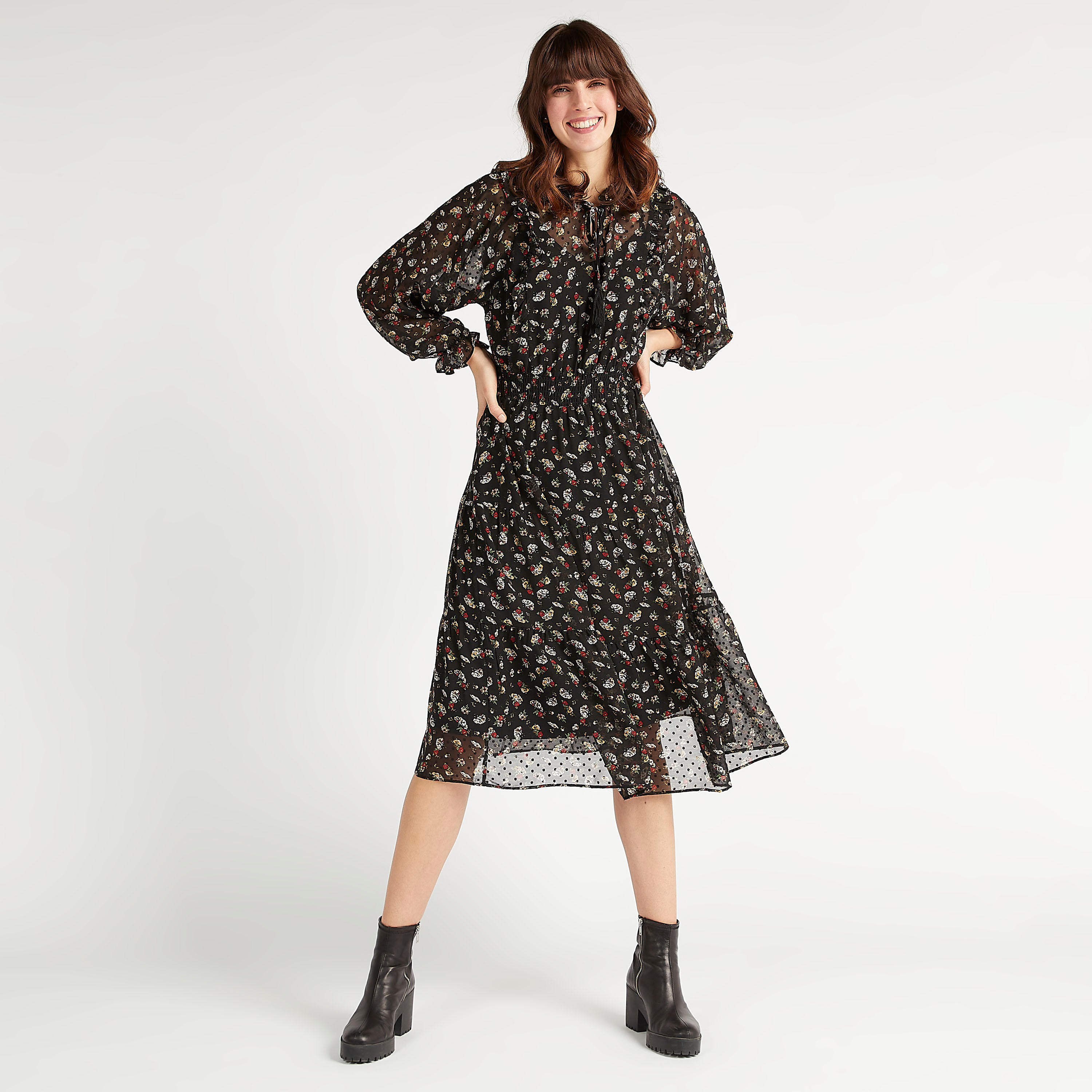 فستان إيه لاين ميدي بأكمام طويلة مع تفاصيل كشكشة وطبعات أزهار-women-clothing-dresses-image-1