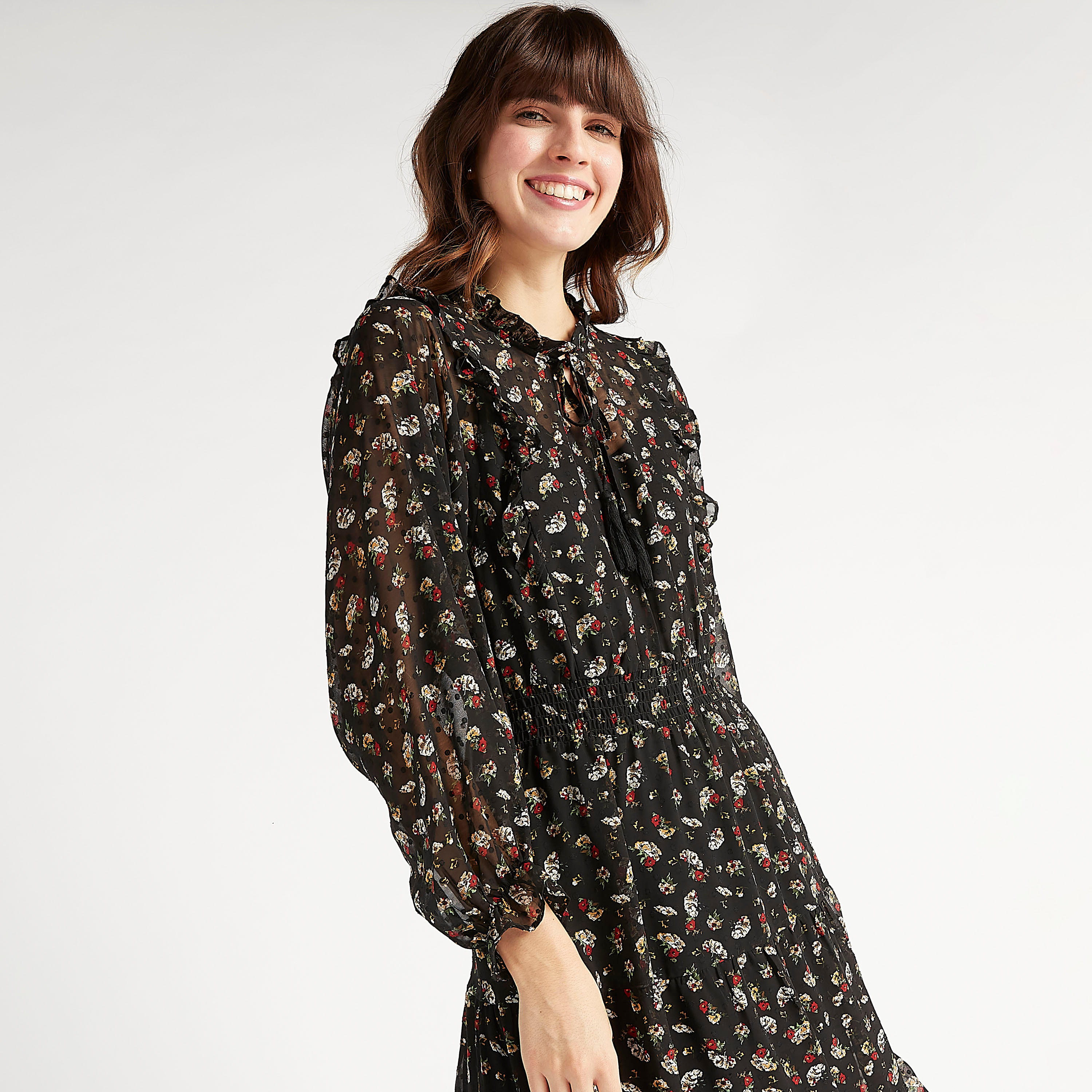 فستان إيه لاين ميدي بأكمام طويلة مع تفاصيل كشكشة وطبعات أزهار-women-clothing-dresses-image-2