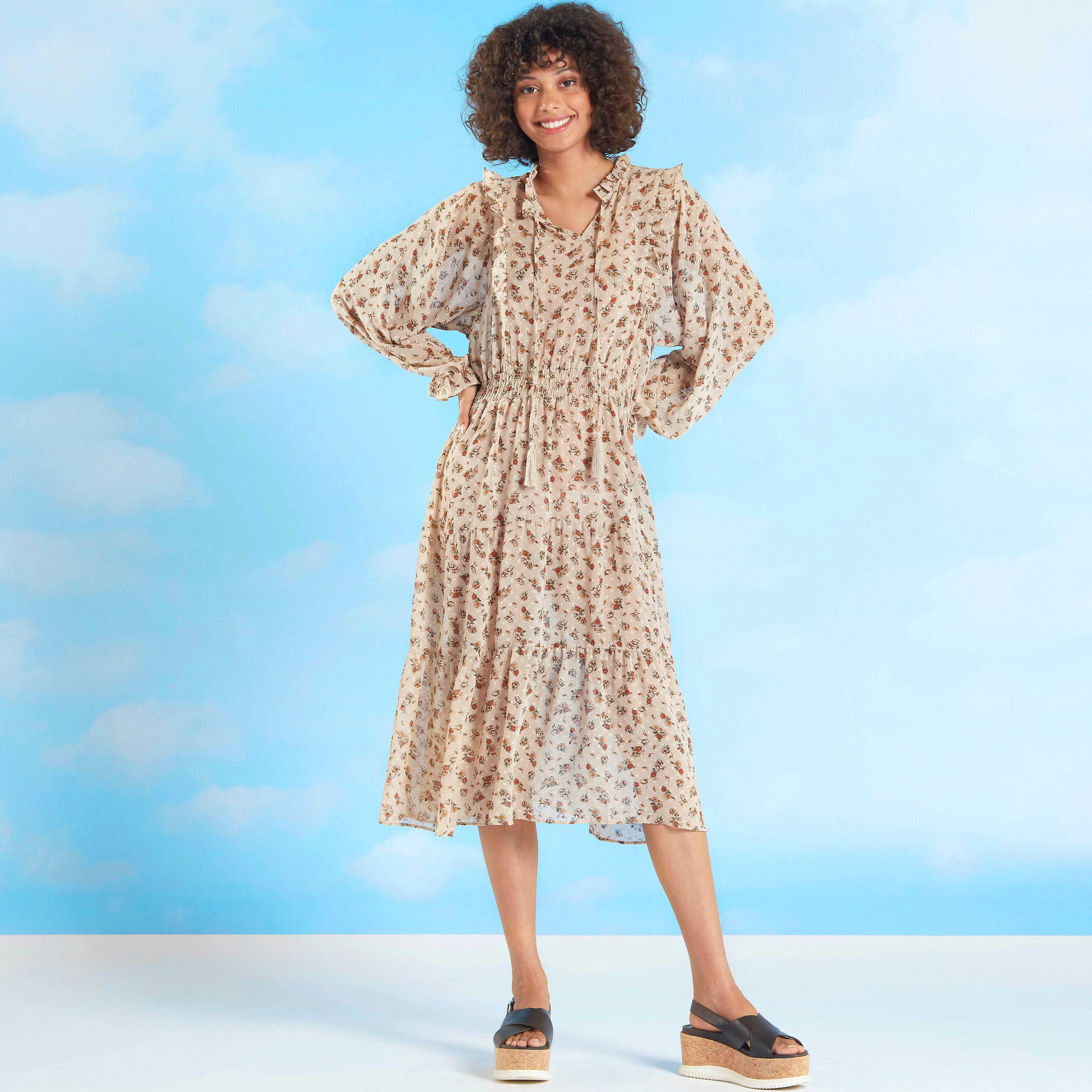 فستان إيه لاين ميدي بأكمام طويلة مع تفاصيل كشكشة وطبعات أزهار-women-clothing-dresses-image-1