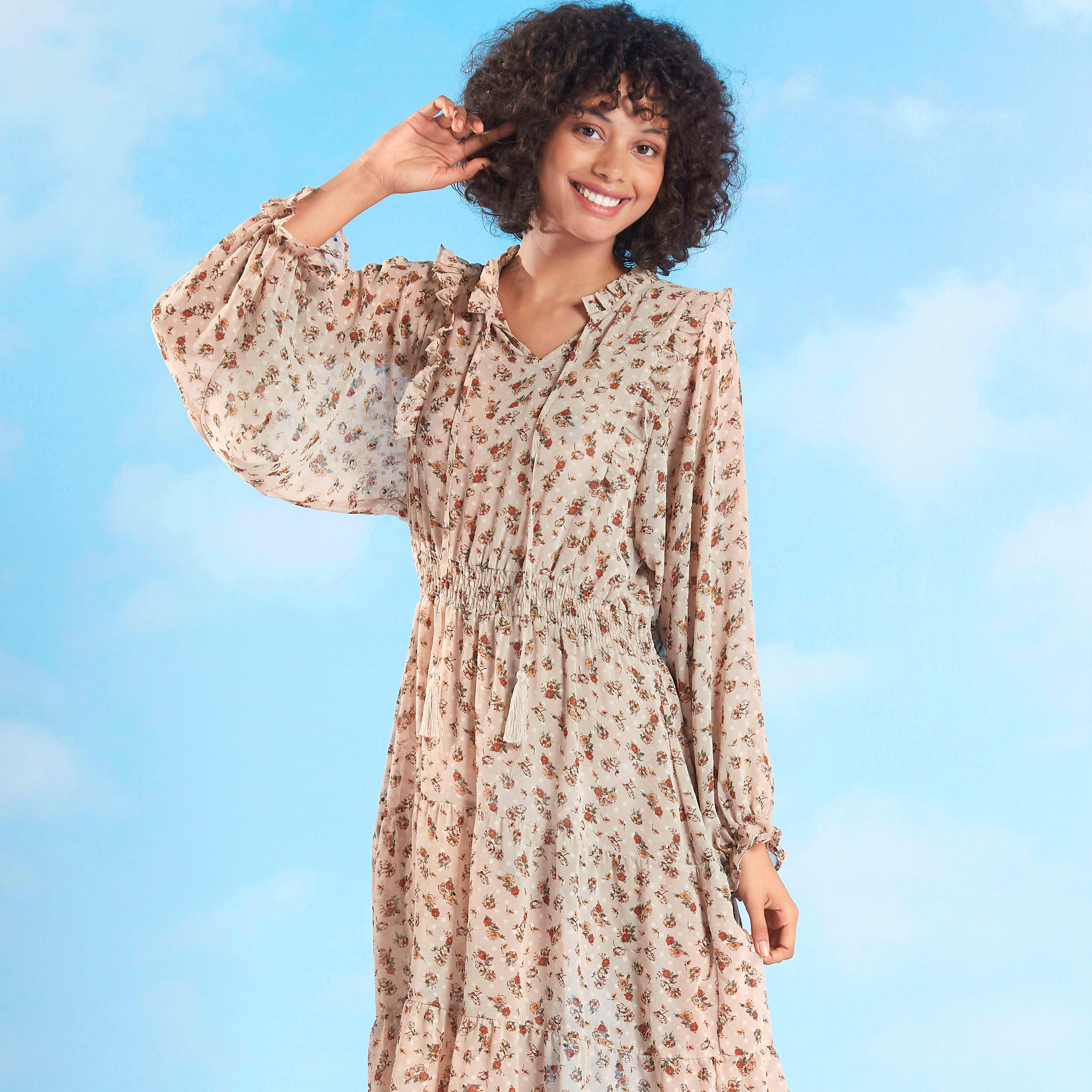 فستان إيه لاين ميدي بأكمام طويلة مع تفاصيل كشكشة وطبعات أزهار-women-clothing-dresses-image-2