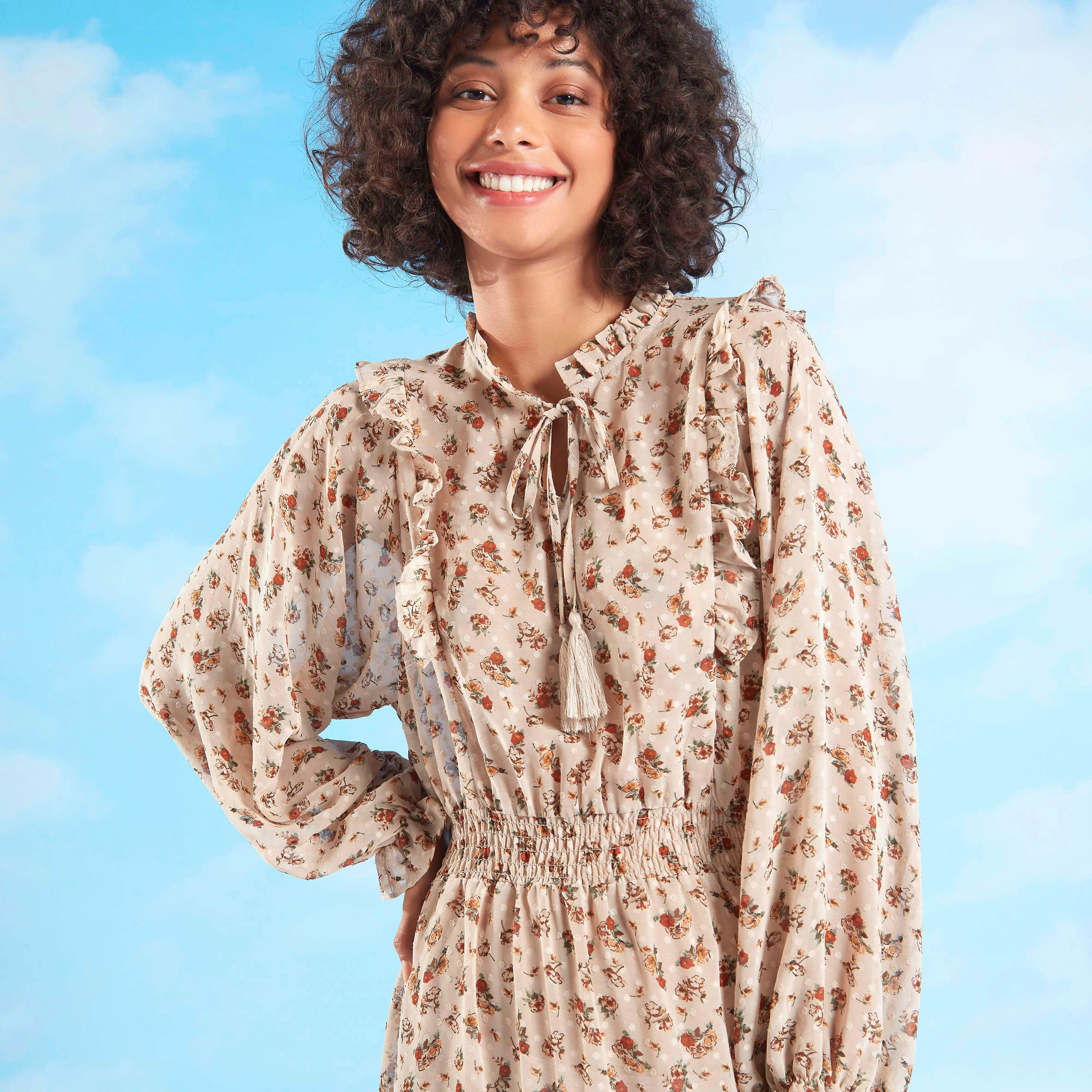 فستان إيه لاين ميدي بأكمام طويلة مع تفاصيل كشكشة وطبعات أزهار-women-clothing-dresses-image-3