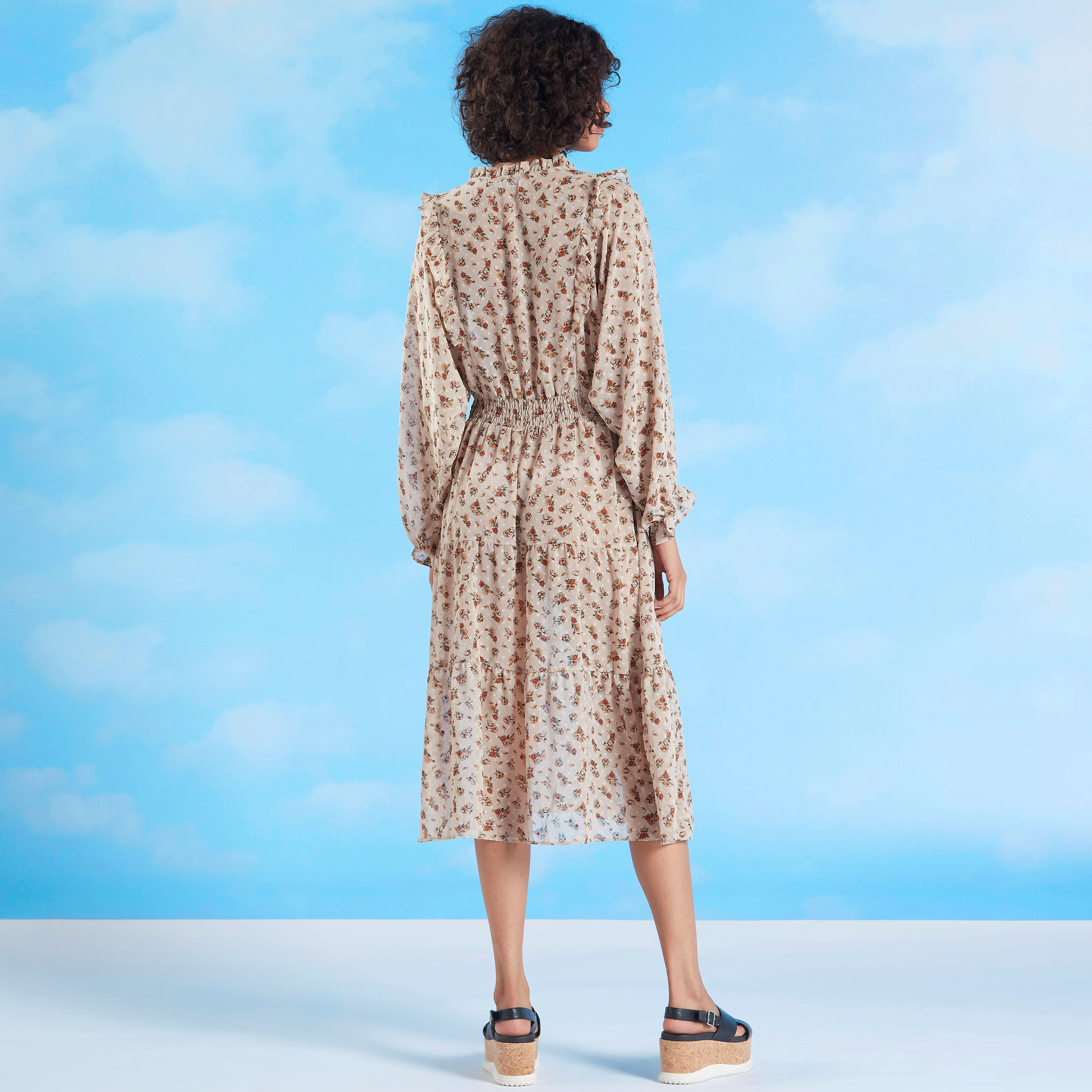 فستان إيه لاين ميدي بأكمام طويلة مع تفاصيل كشكشة وطبعات أزهار-women-clothing-dresses-image-5