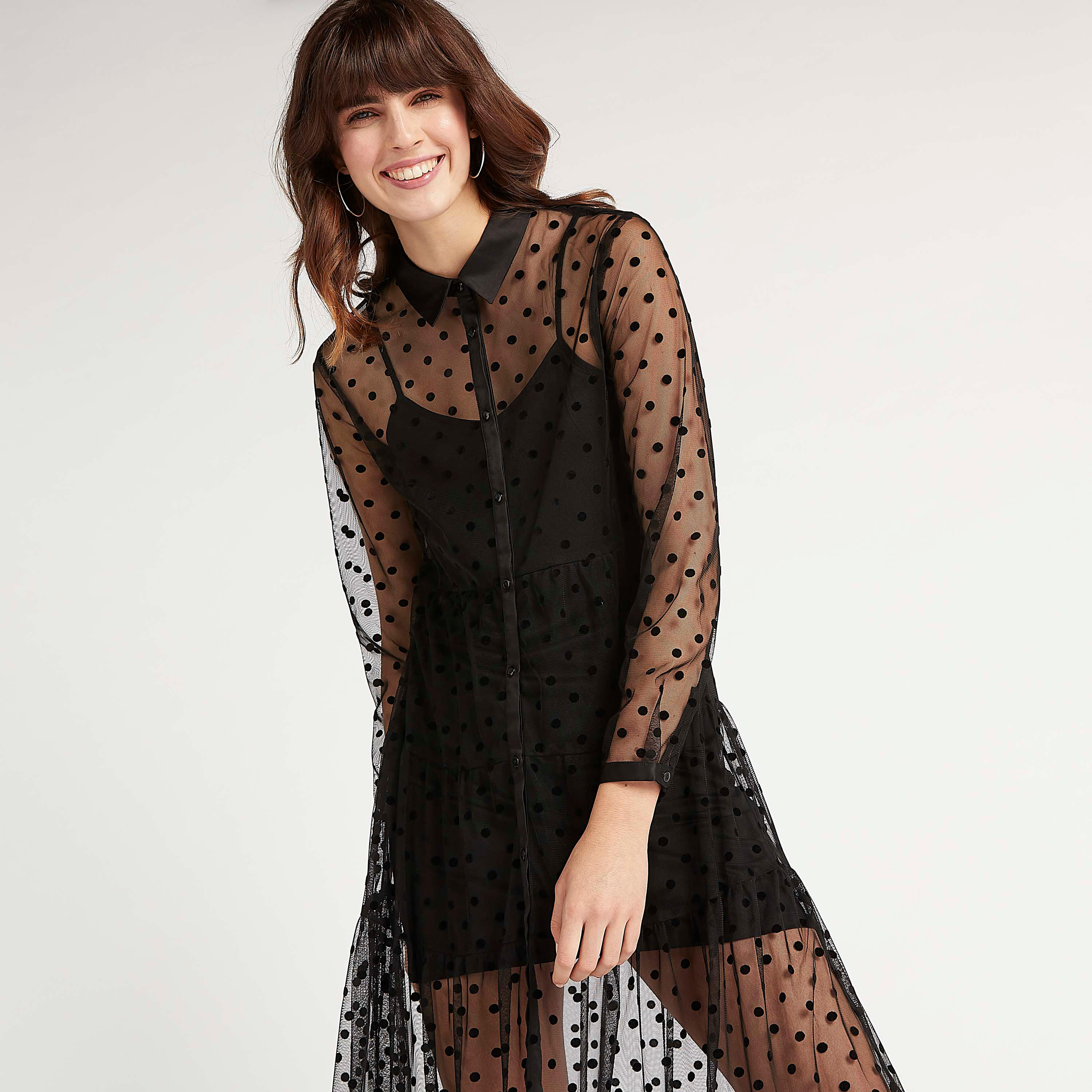 فستان ميدي بياقة عادية دانتيل وأكمام طويلة وأطراف كشكشة-women-clothing-dresses-image-1