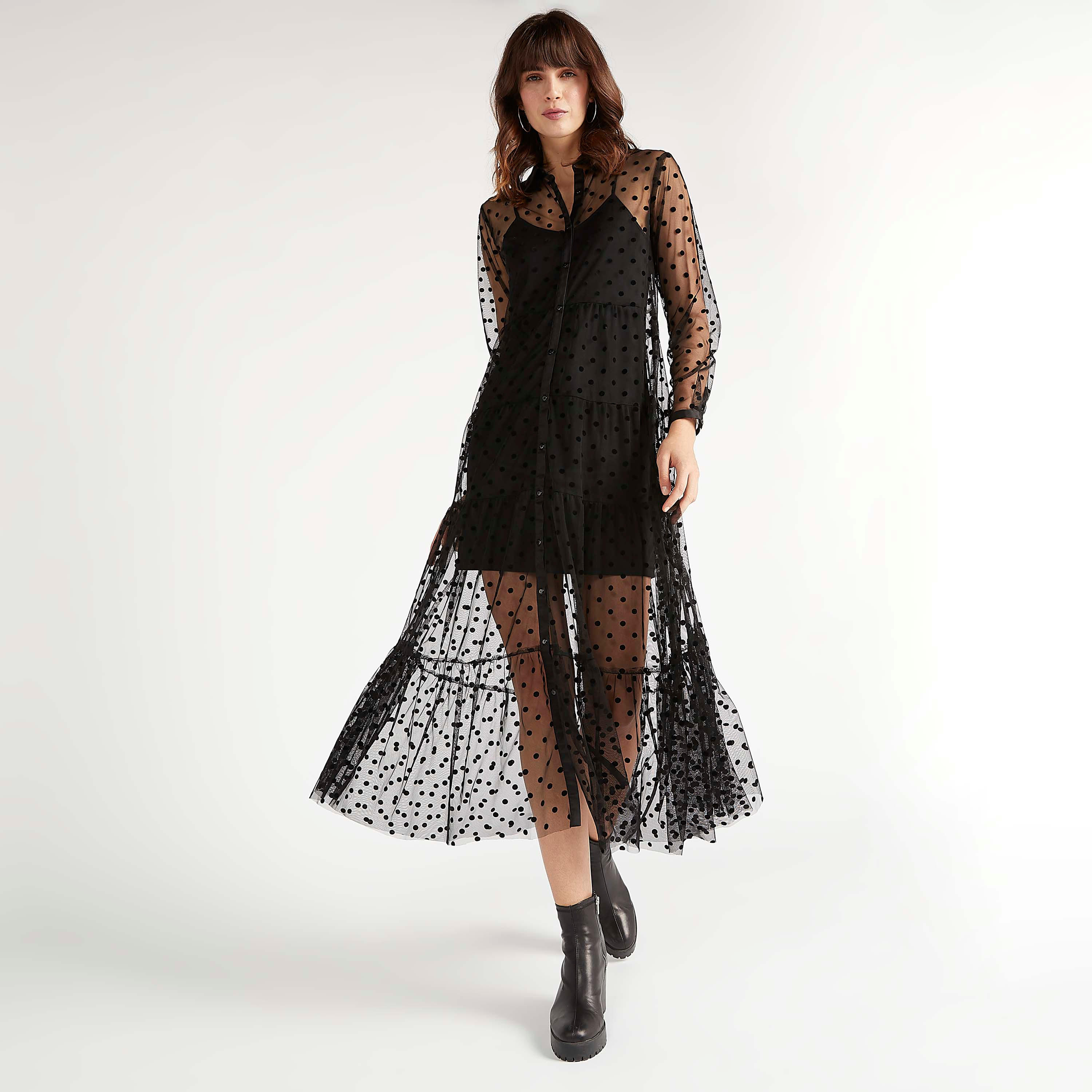 فستان ميدي بياقة عادية دانتيل وأكمام طويلة وأطراف كشكشة-women-clothing-dresses-image-2