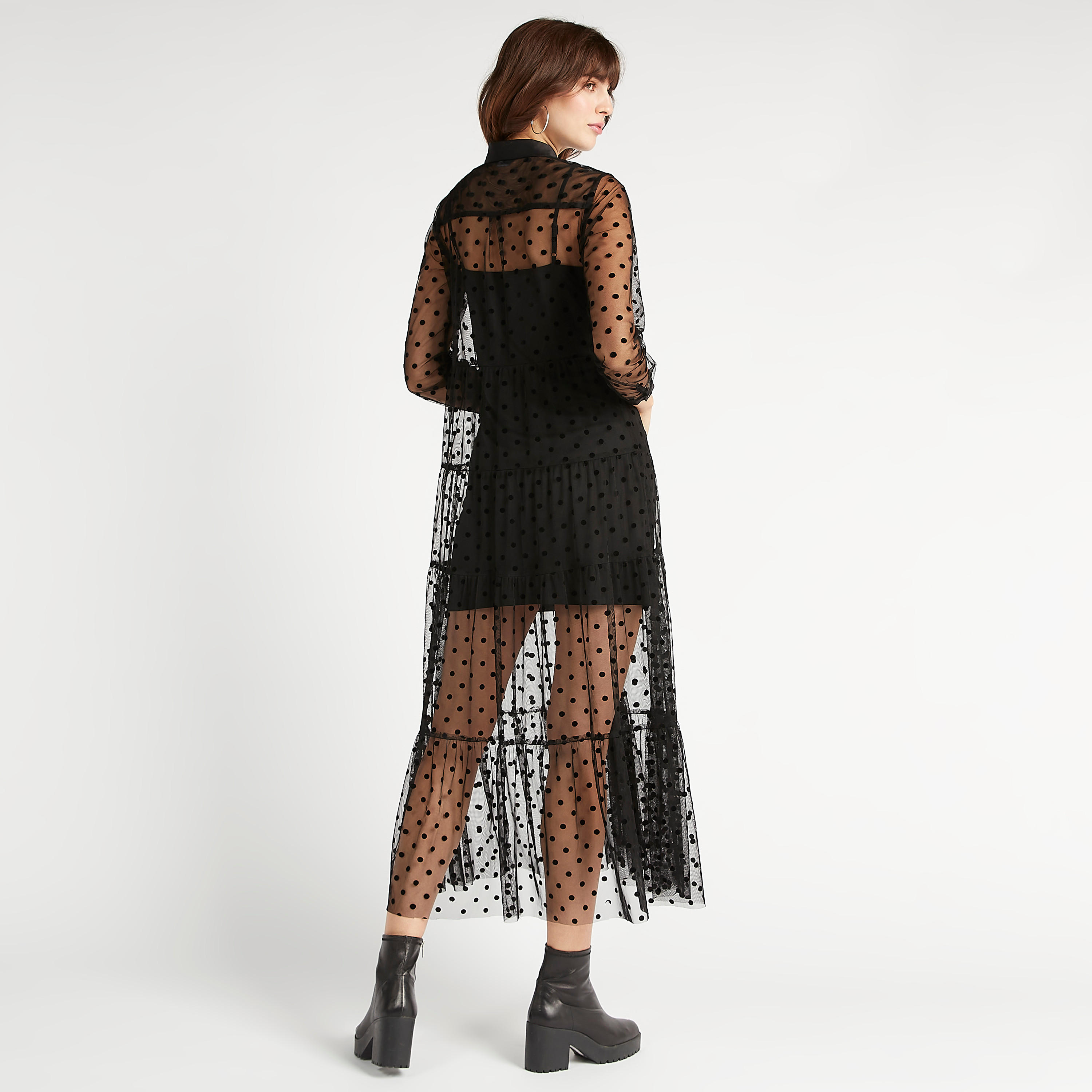 فستان ميدي بياقة عادية دانتيل وأكمام طويلة وأطراف كشكشة-women-clothing-dresses-image-4