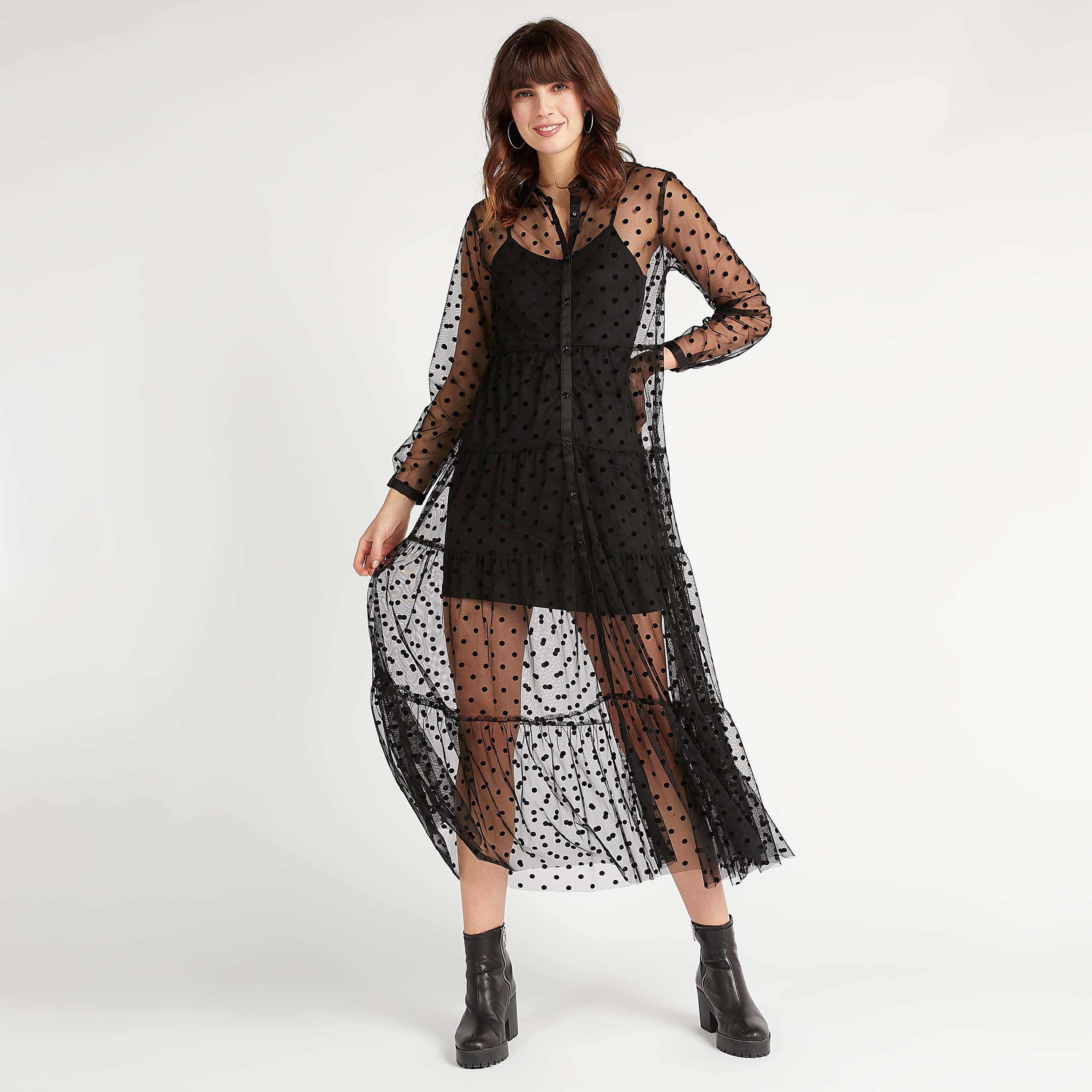 فستان ميدي بياقة عادية دانتيل وأكمام طويلة وأطراف كشكشة-women-clothing-dresses-image-5