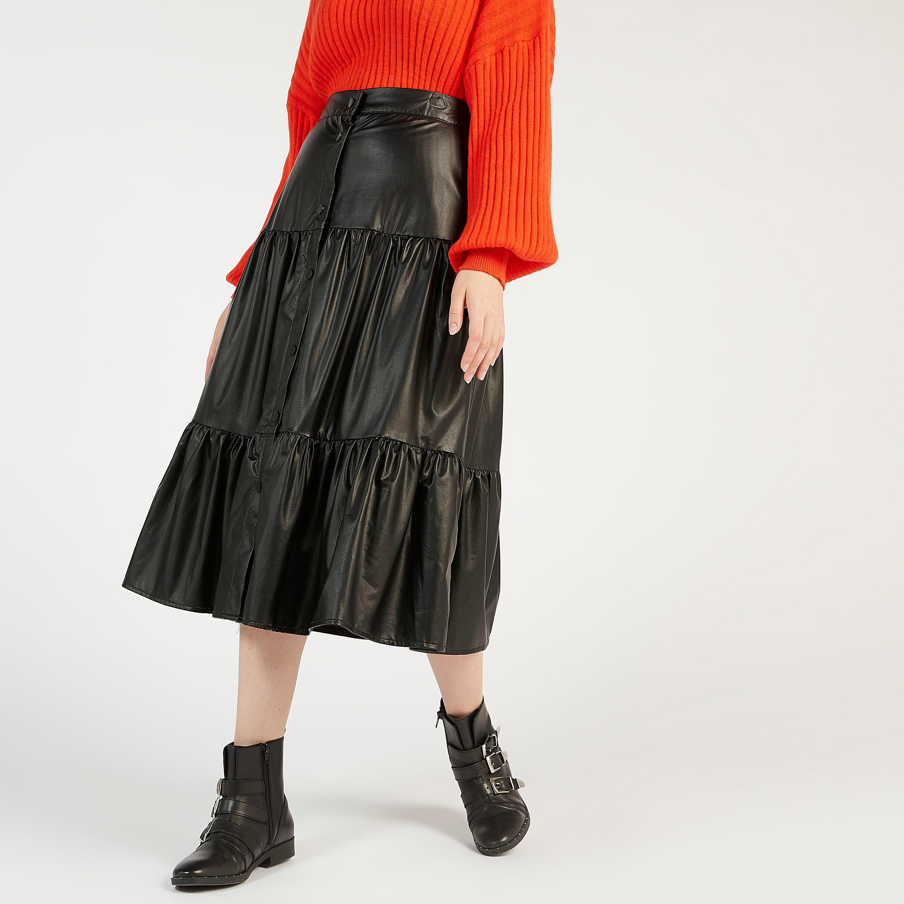 Solid A-line Tiered Midi Skirt with Button Closure-women-clothing-bottoms-skirts-image-1