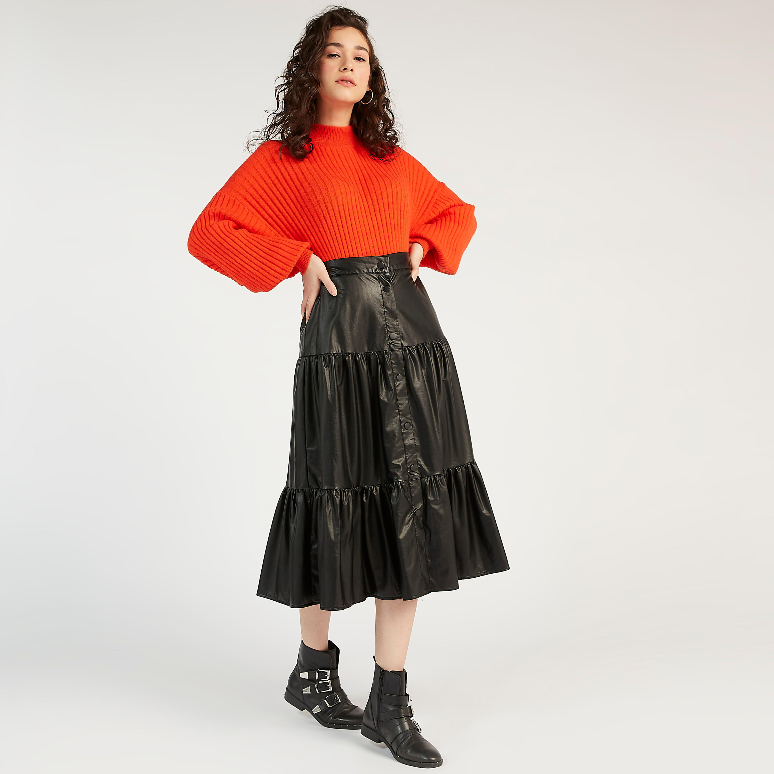 Solid A-line Tiered Midi Skirt with Button Closure-women-clothing-bottoms-skirts-image-2