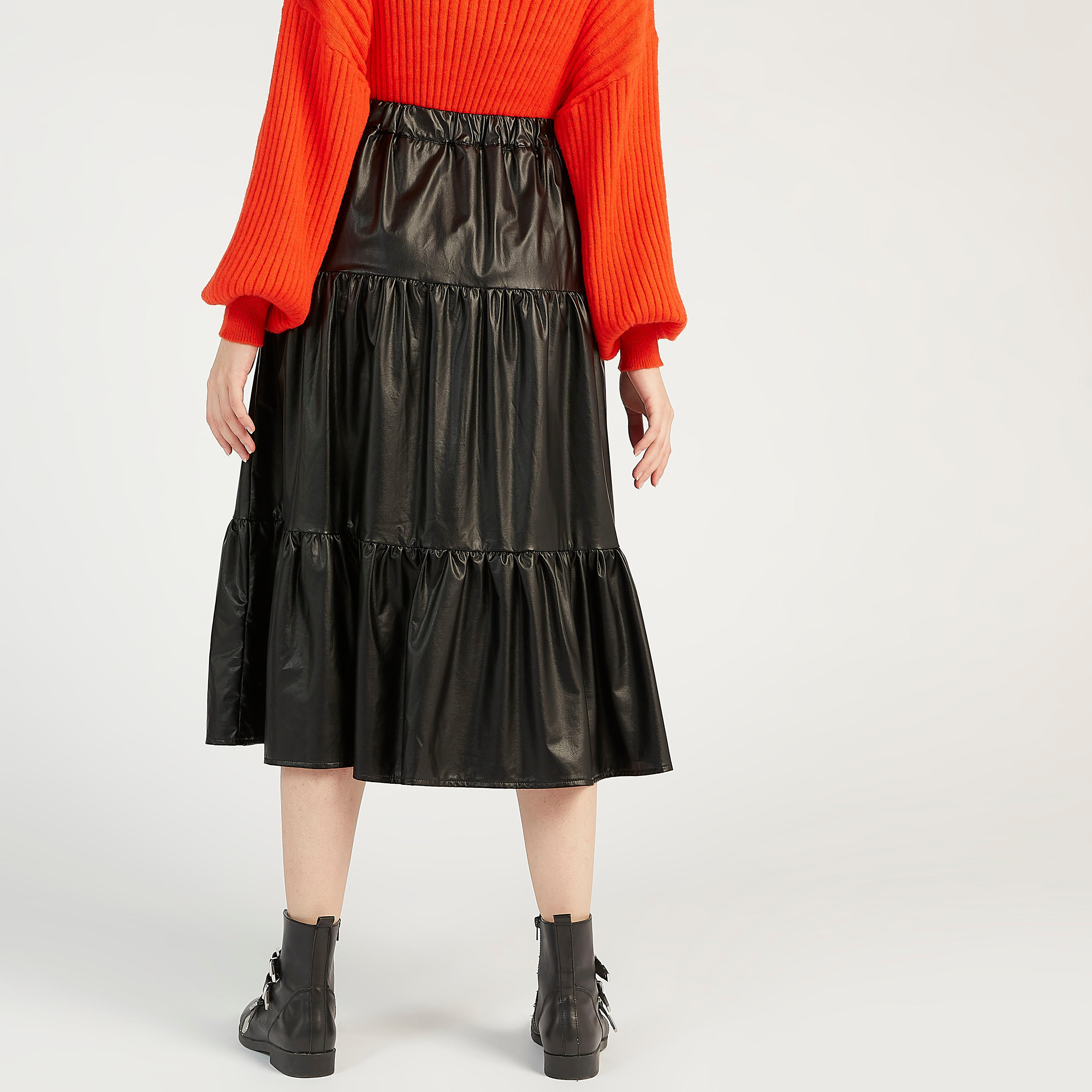 Solid A-line Tiered Midi Skirt with Button Closure-women-clothing-bottoms-skirts-image-4