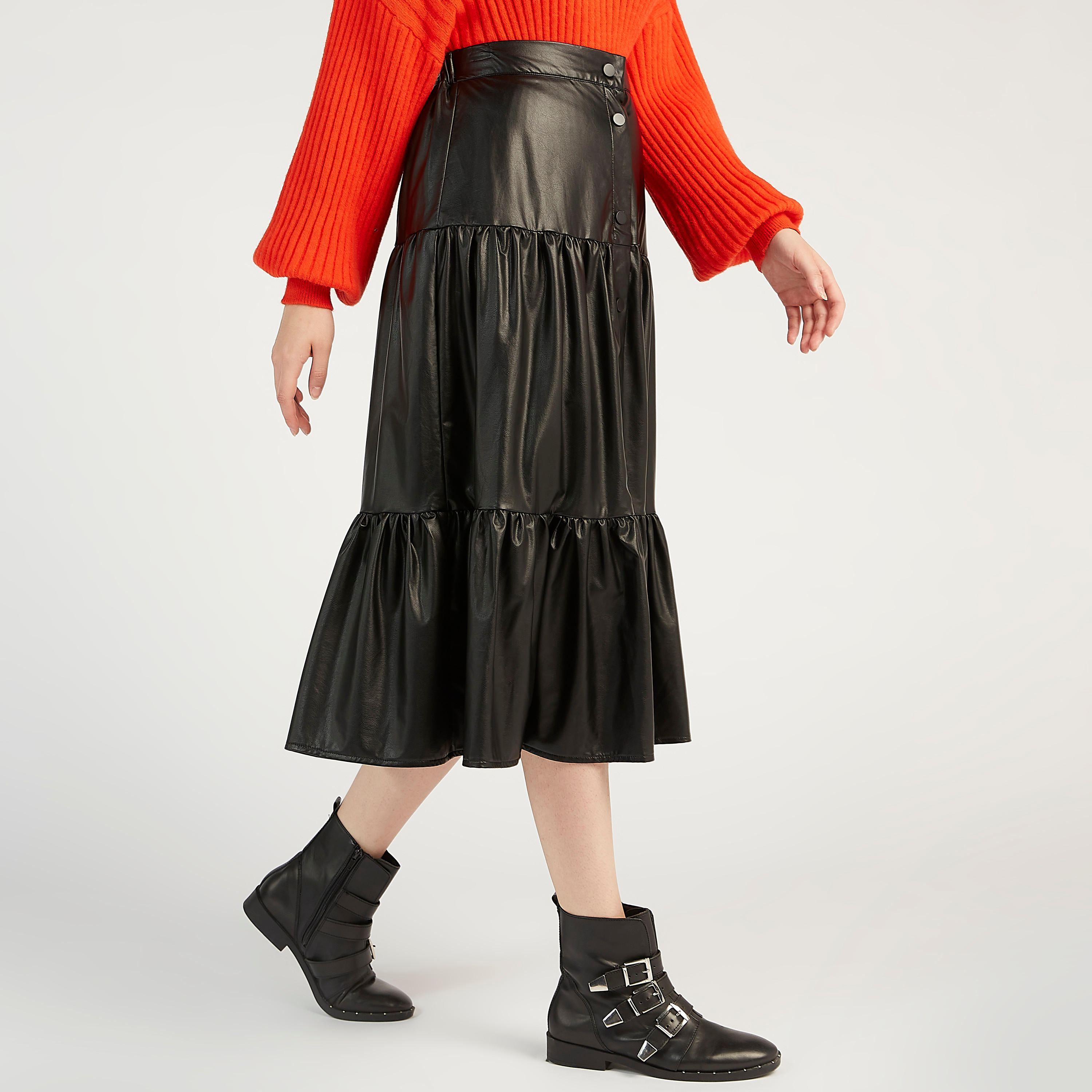 Solid A-line Tiered Midi Skirt with Button Closure-women-clothing-bottoms-skirts-image-5