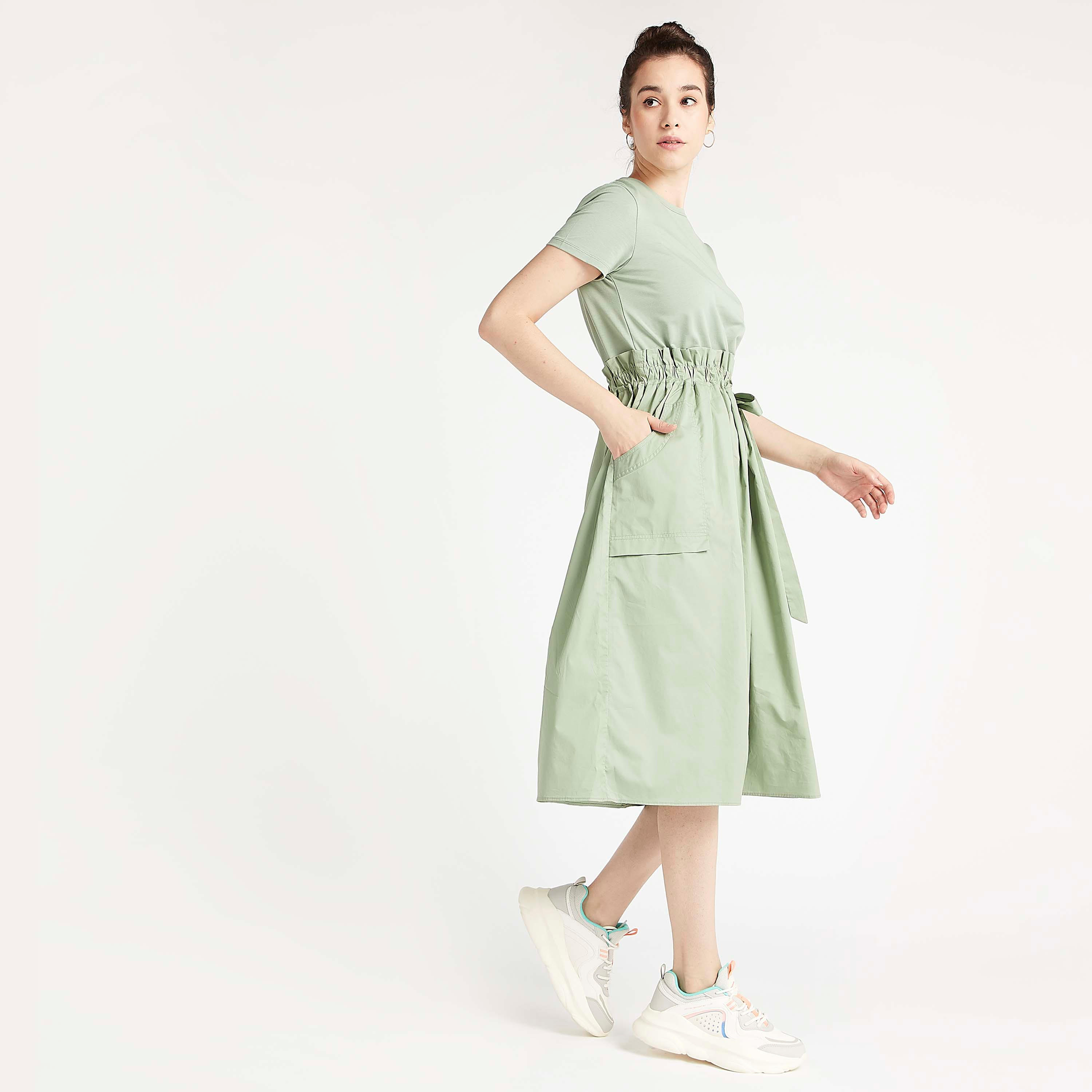 Solid Midi A-line Dress with Short Sleeves and Pockets-women-clothing-dresses-image-1