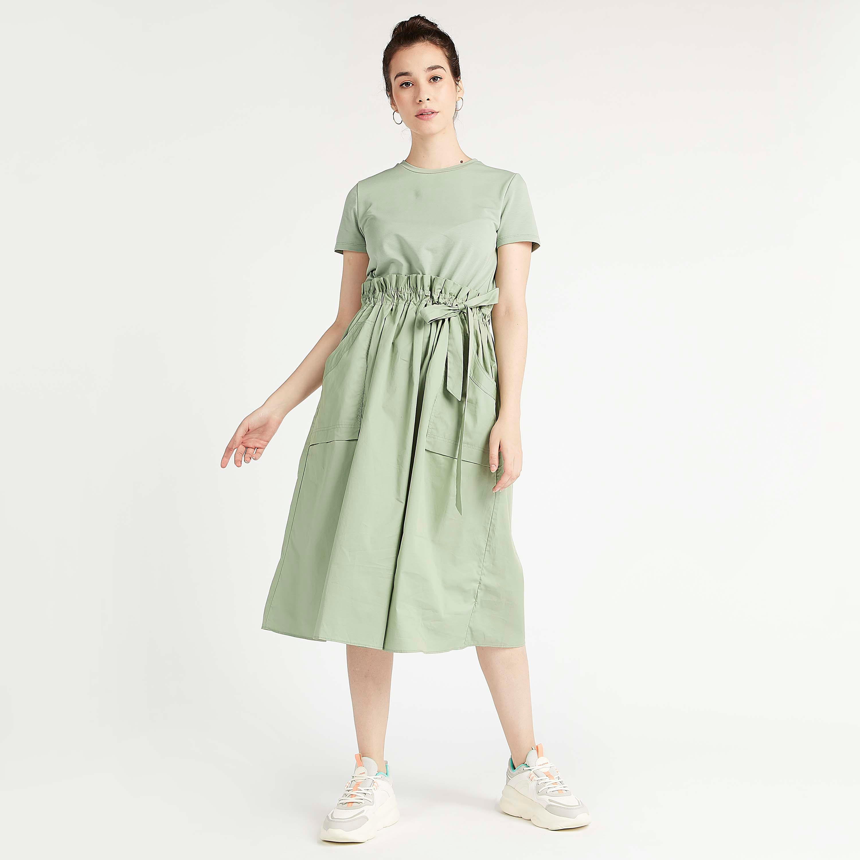 Solid Midi A-line Dress with Short Sleeves and Pockets-women-clothing-dresses-image-2