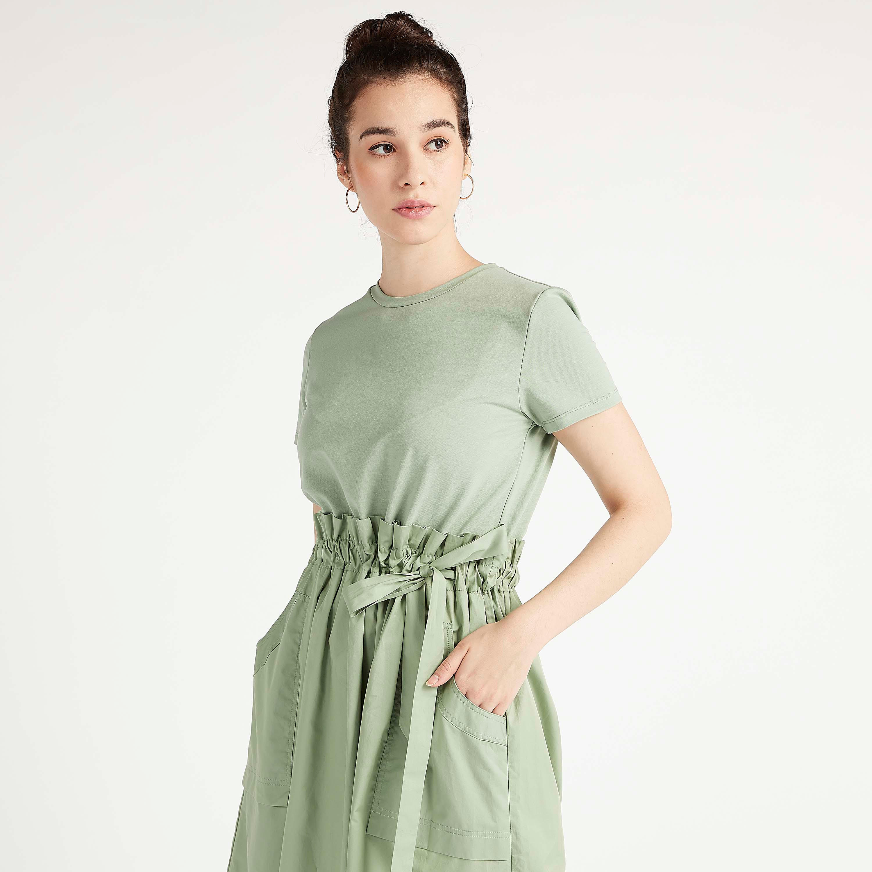Solid Midi A-line Dress with Short Sleeves and Pockets-women-clothing-dresses-image-3