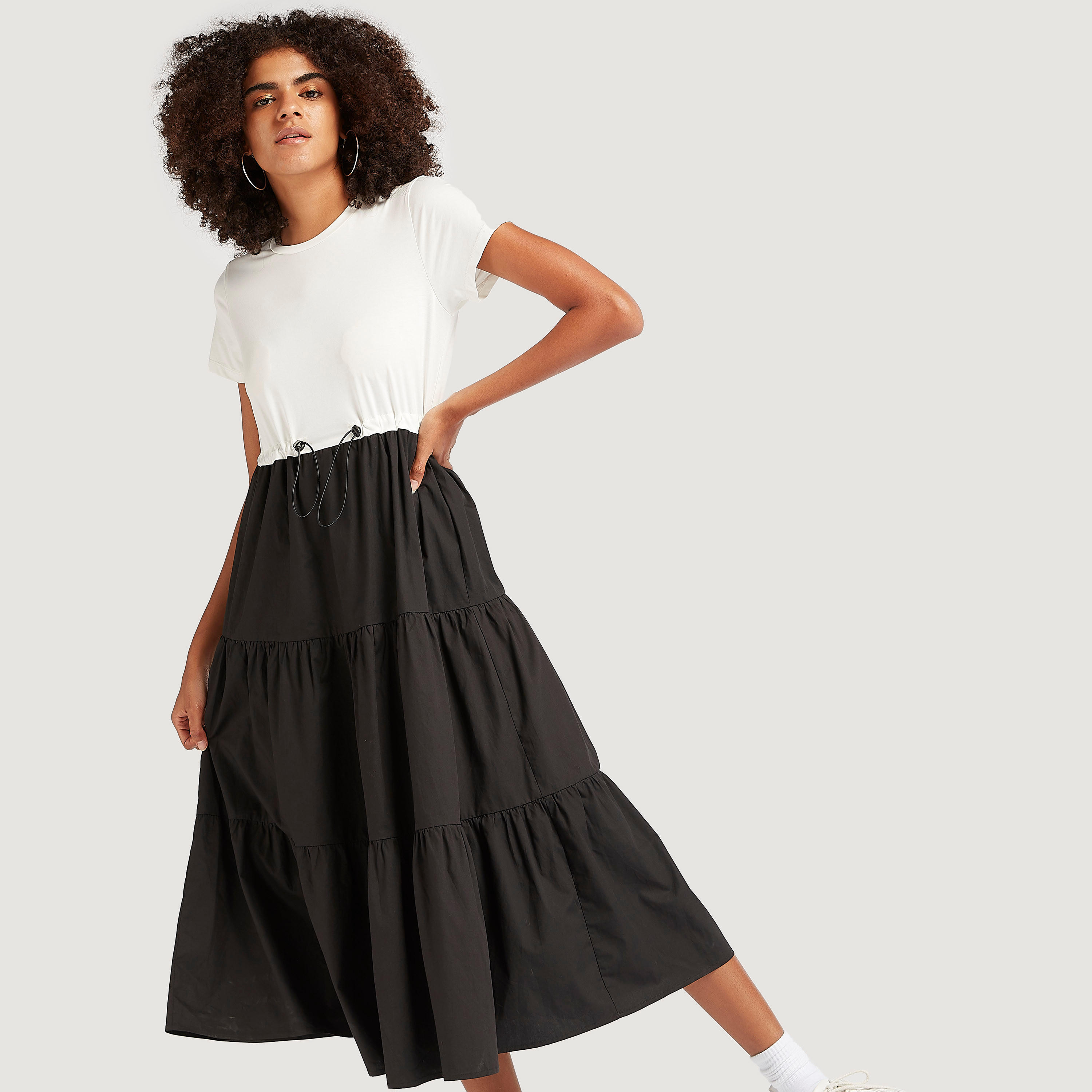 فستان ميدي إيه لاين سادة بأكمام قصيرة ورباط-women-clothing-dresses-image-1