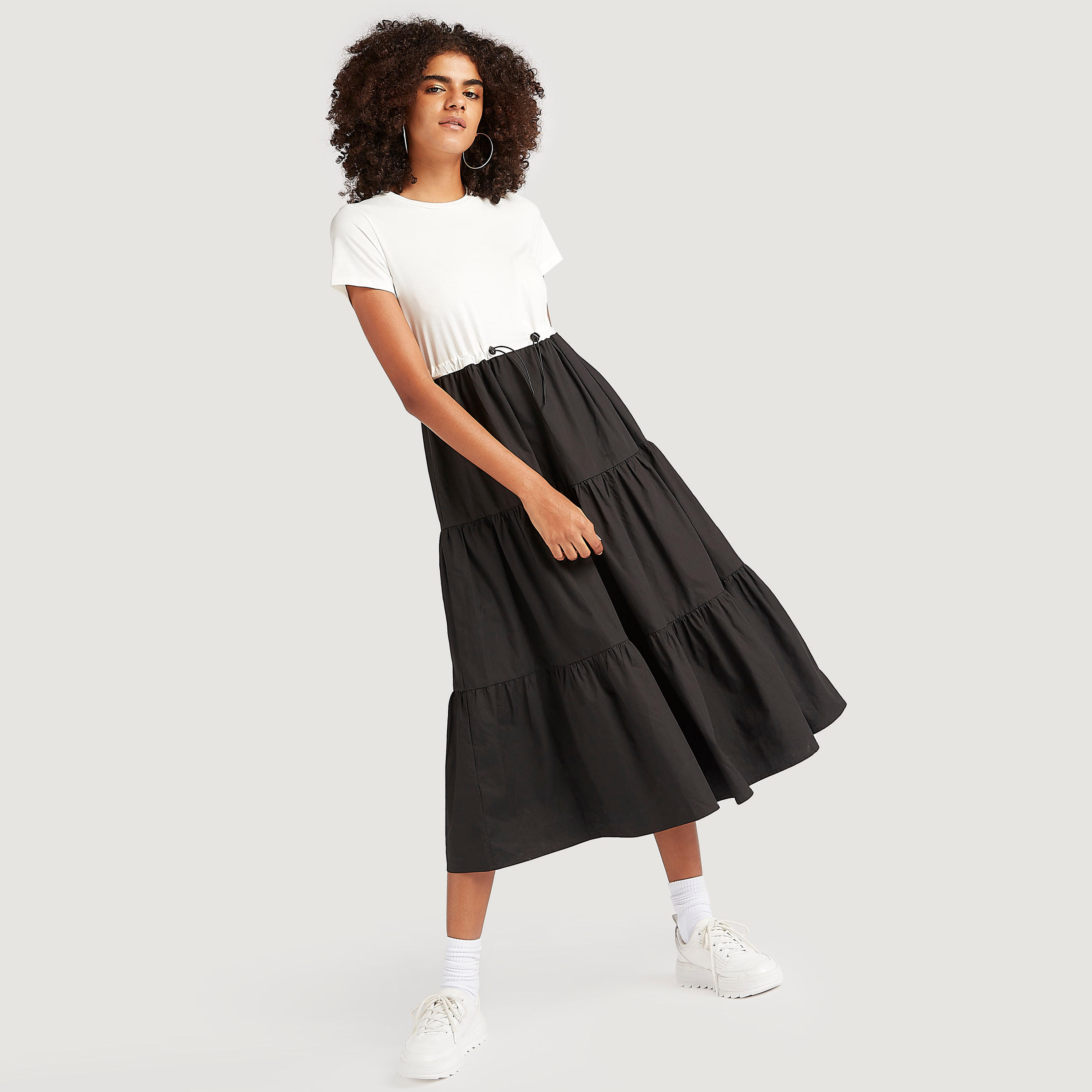 فستان ميدي إيه لاين سادة بأكمام قصيرة ورباط-women-clothing-dresses-image-2