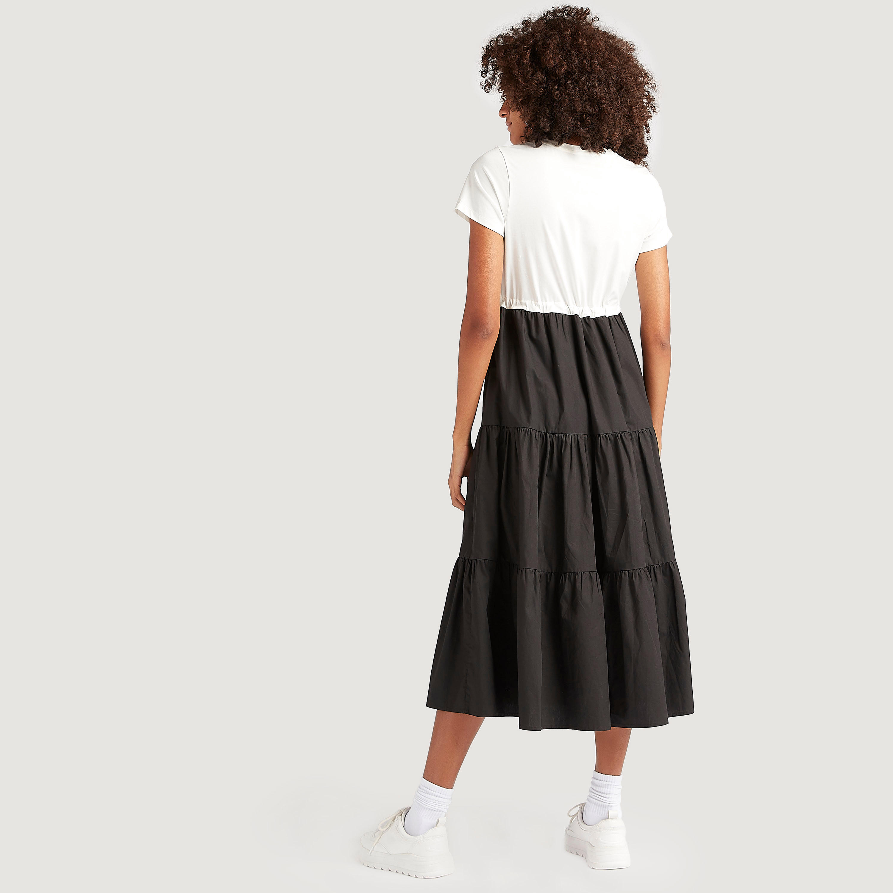 فستان ميدي إيه لاين سادة بأكمام قصيرة ورباط-women-clothing-dresses-image-4