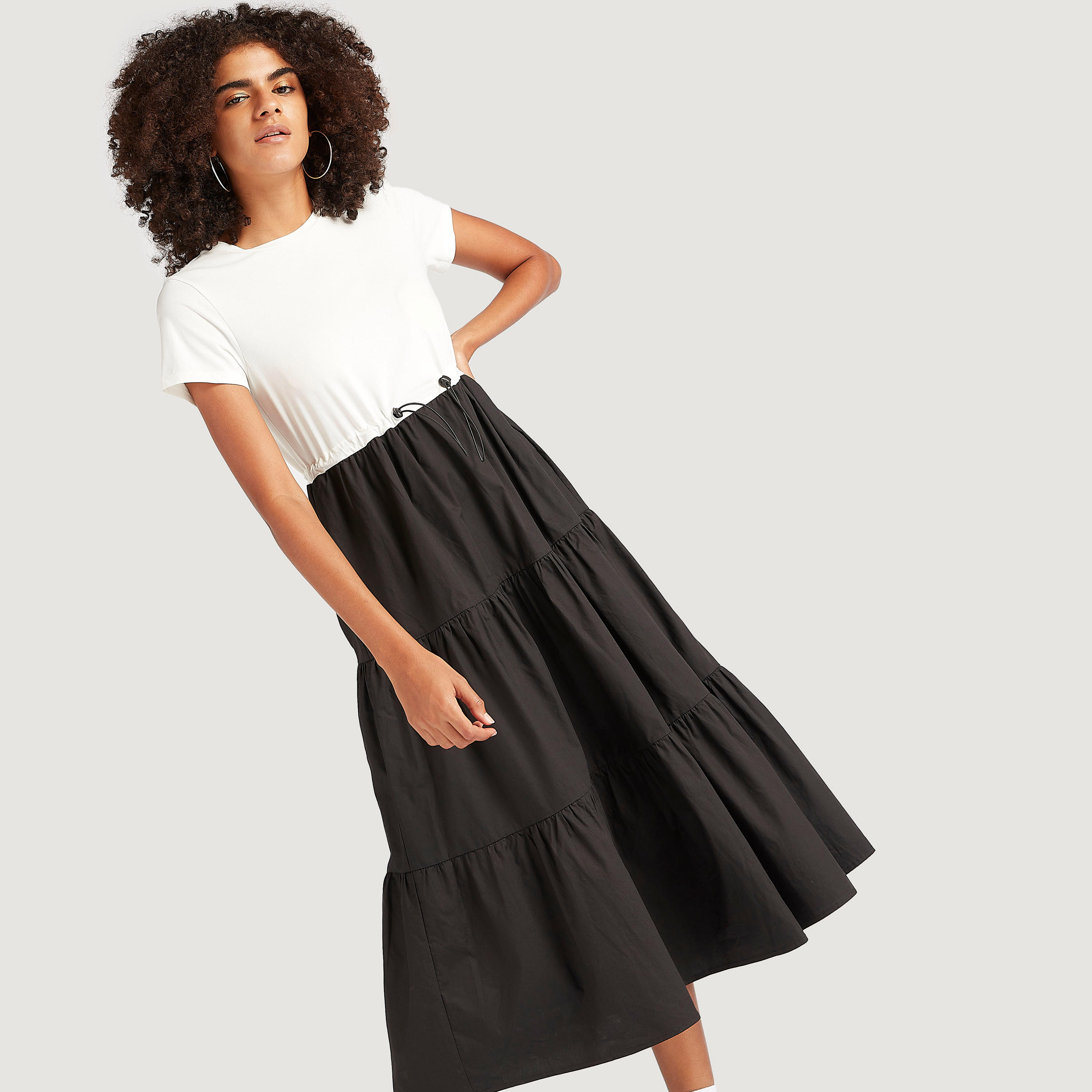 فستان ميدي إيه لاين سادة بأكمام قصيرة ورباط-women-clothing-dresses-image-5