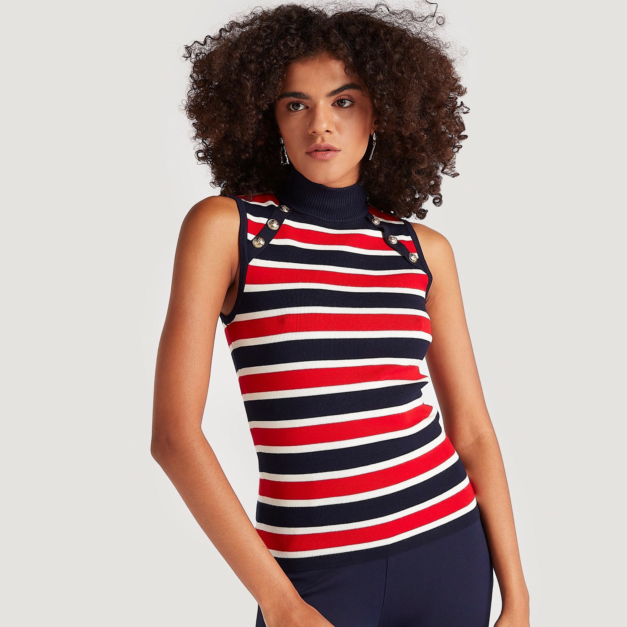 Striped Sleeveless Sweater with Button Detail and High Neck-women-clothing-cardigansandjumpers-jumpers-image-1