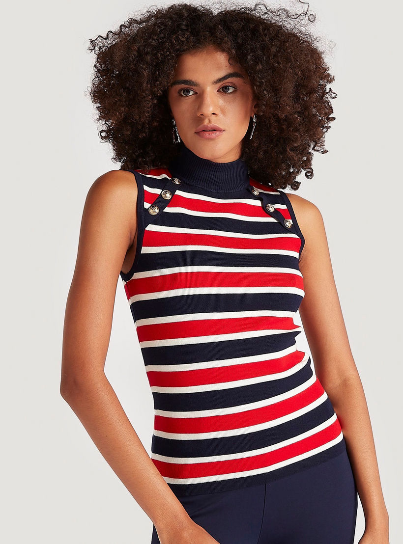 Striped Sleeveless Sweater with Button Detail and High Neck-women-clothing-cardigansandjumpers-jumpers-image-1