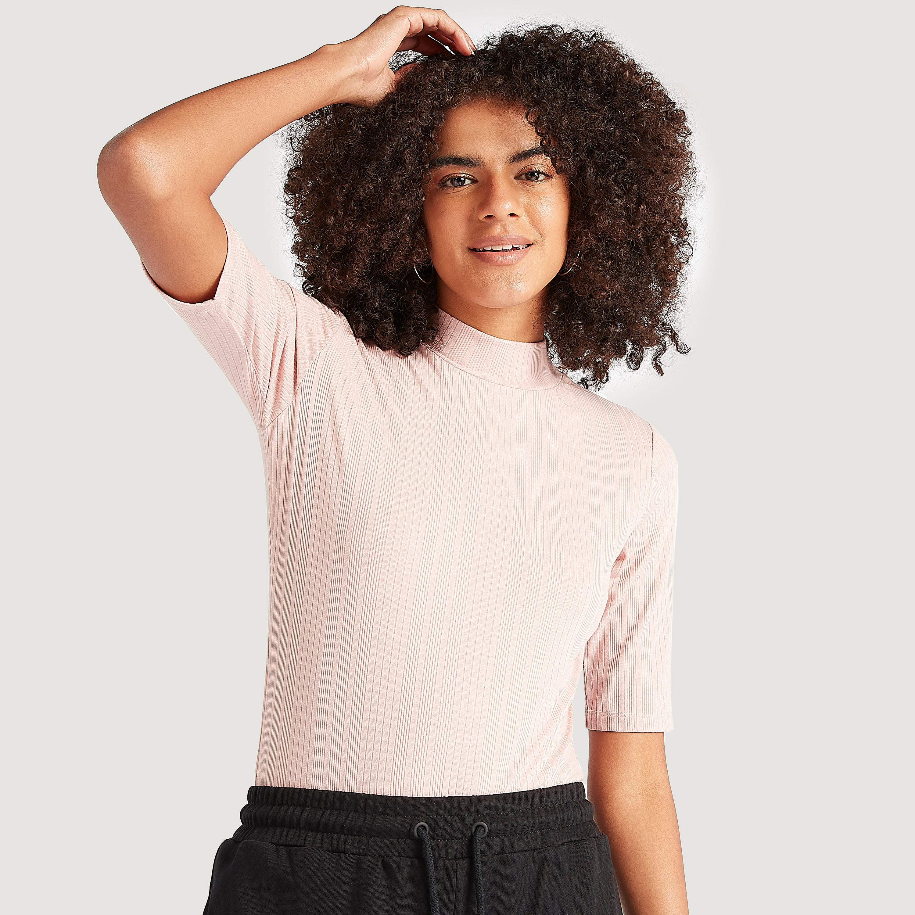 بودي سوت بارز الملمس بياقة عالية وأكمام قصيرة-women-clothing-tshirts-image-1
