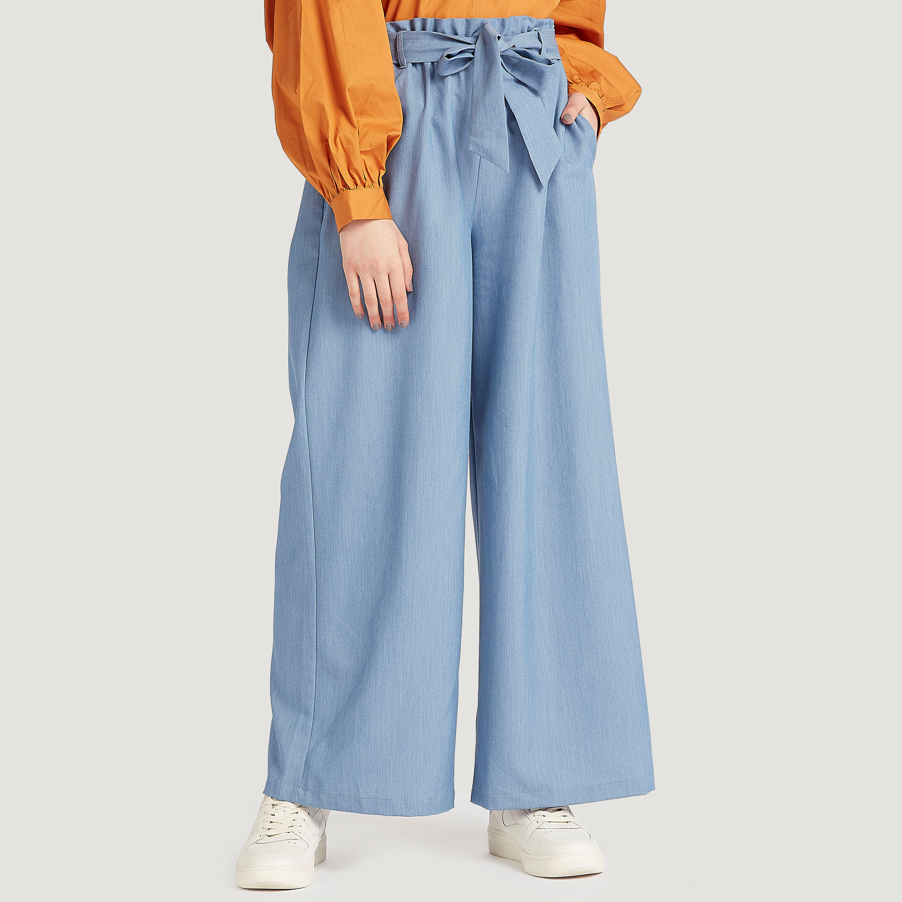 بنطلون بالازو بارز الملمس بخصر بيبرباج متوسّط الارتفاع وحزام برباط-women-clothing-bottoms-trousers-image-1