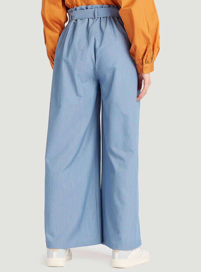 بنطلون بالازو بارز الملمس بخصر بيبرباج متوسّط الارتفاع وحزام برباط-women-clothing-bottoms-trousers-image-4