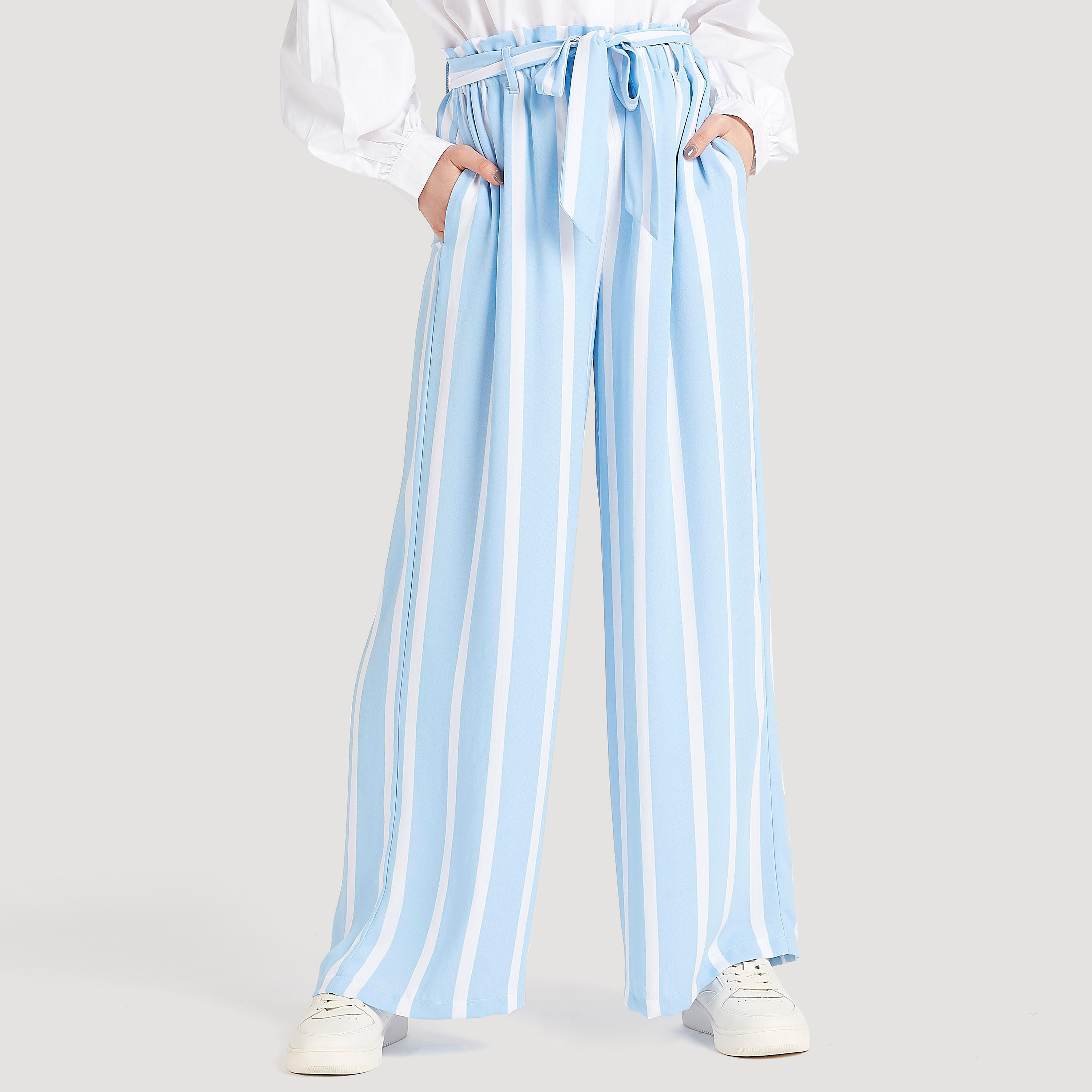 بنطلون بالازو سادة بخصر بيبرباج متوسّط الارتفاع وحزام برباط-women-clothing-bottoms-trousers-image-1