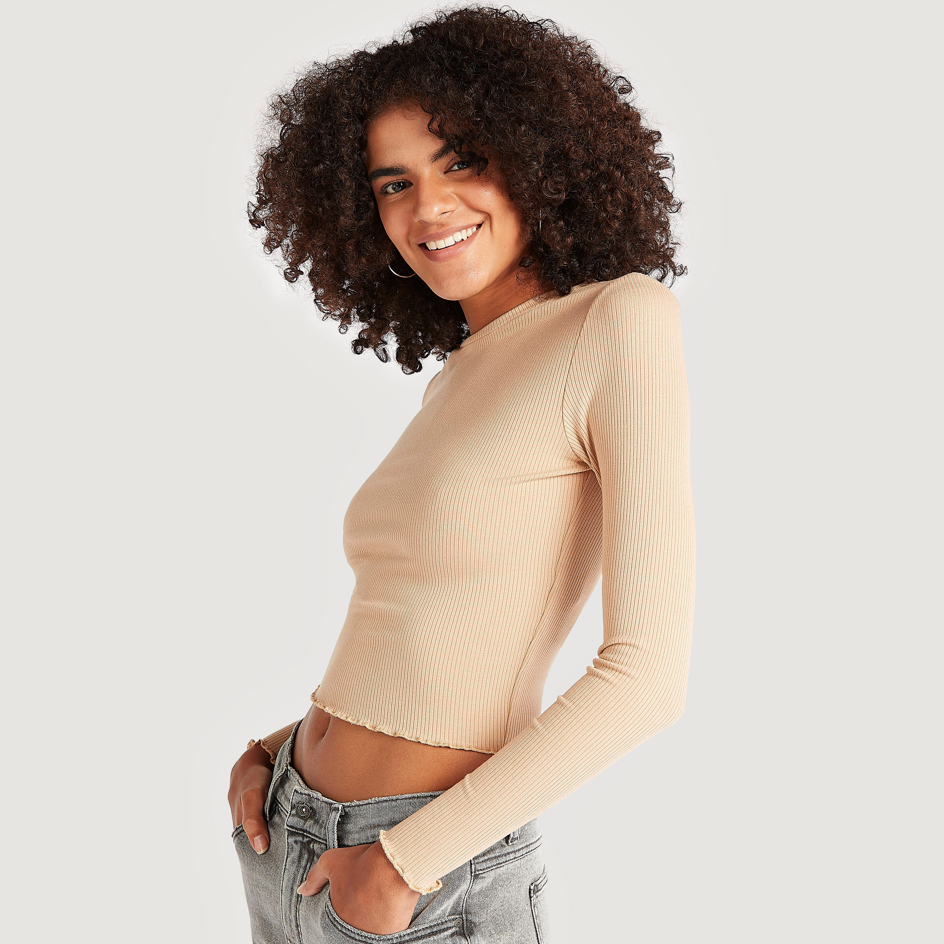 Textured T-shirt with Long Sleeves and Crew Neck-women-clothing-tshirts-image-1