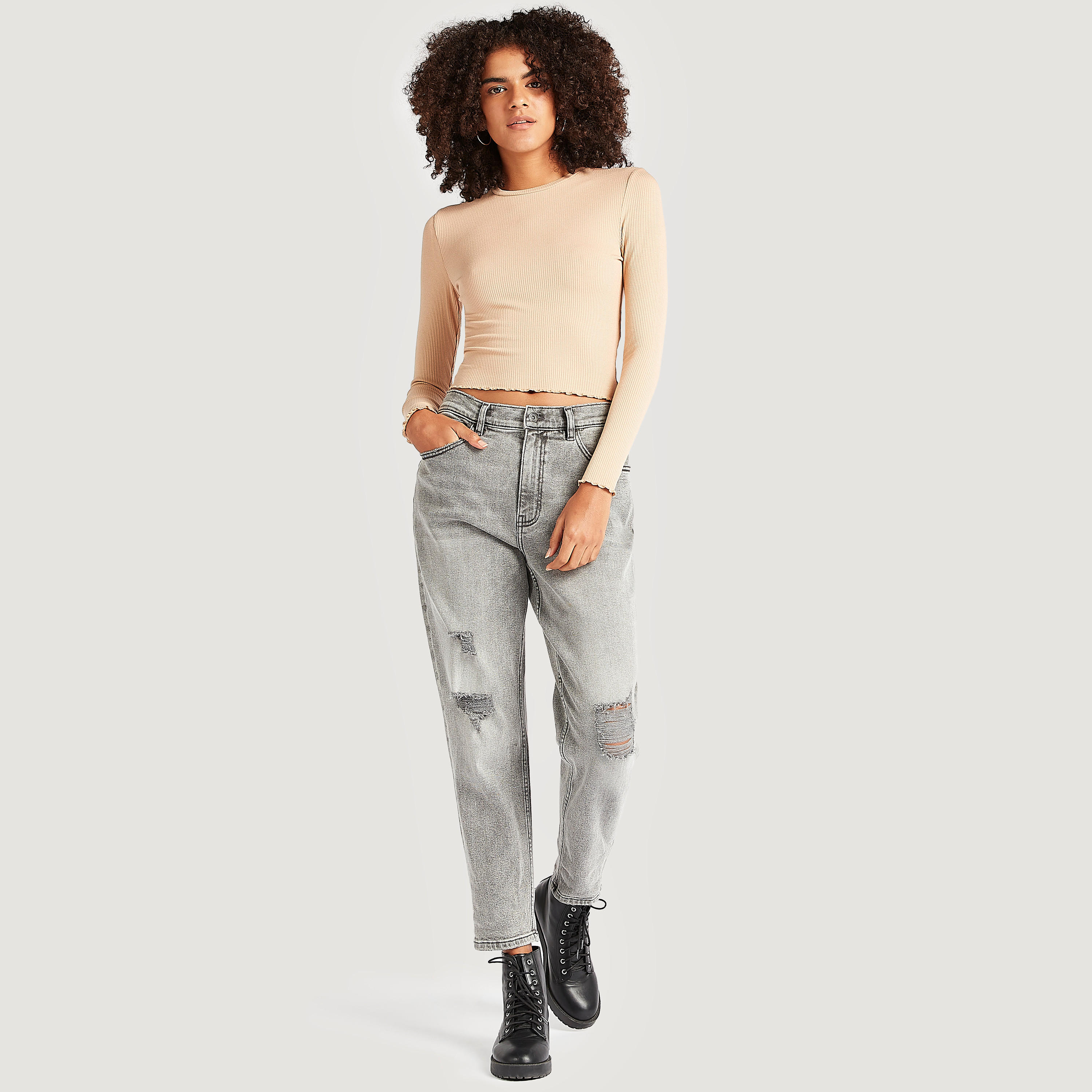 Textured T-shirt with Long Sleeves and Crew Neck-women-clothing-tshirts-image-2