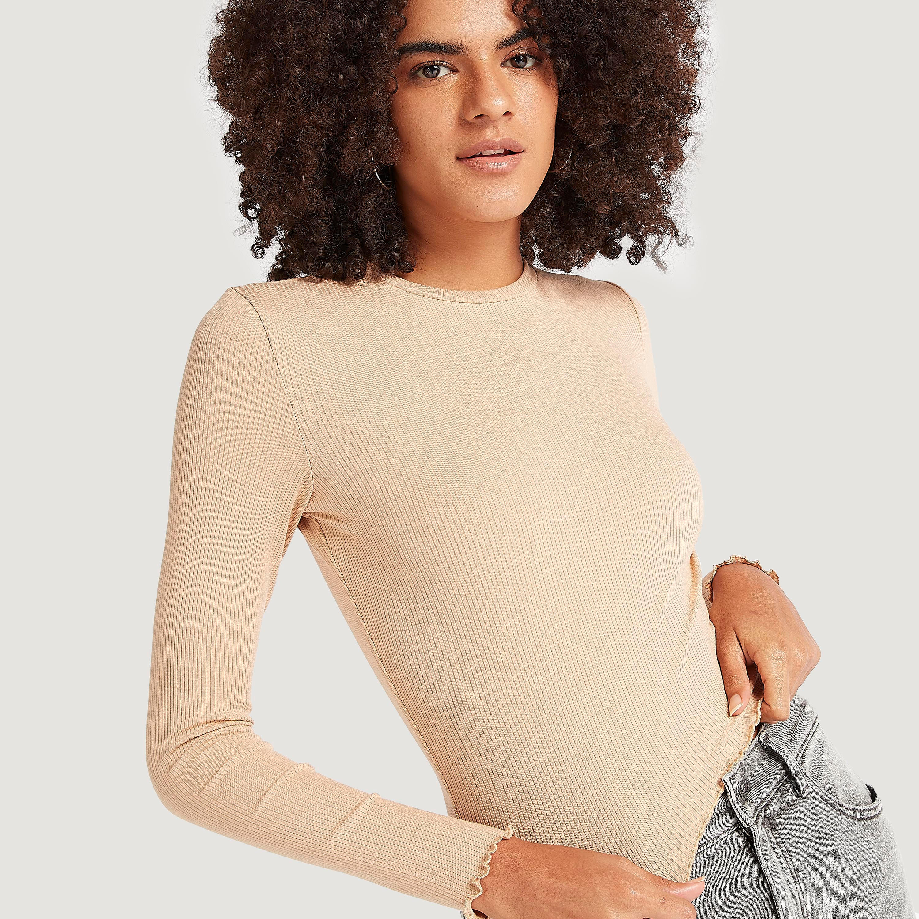 Textured T-shirt with Long Sleeves and Crew Neck-women-clothing-tshirts-image-3