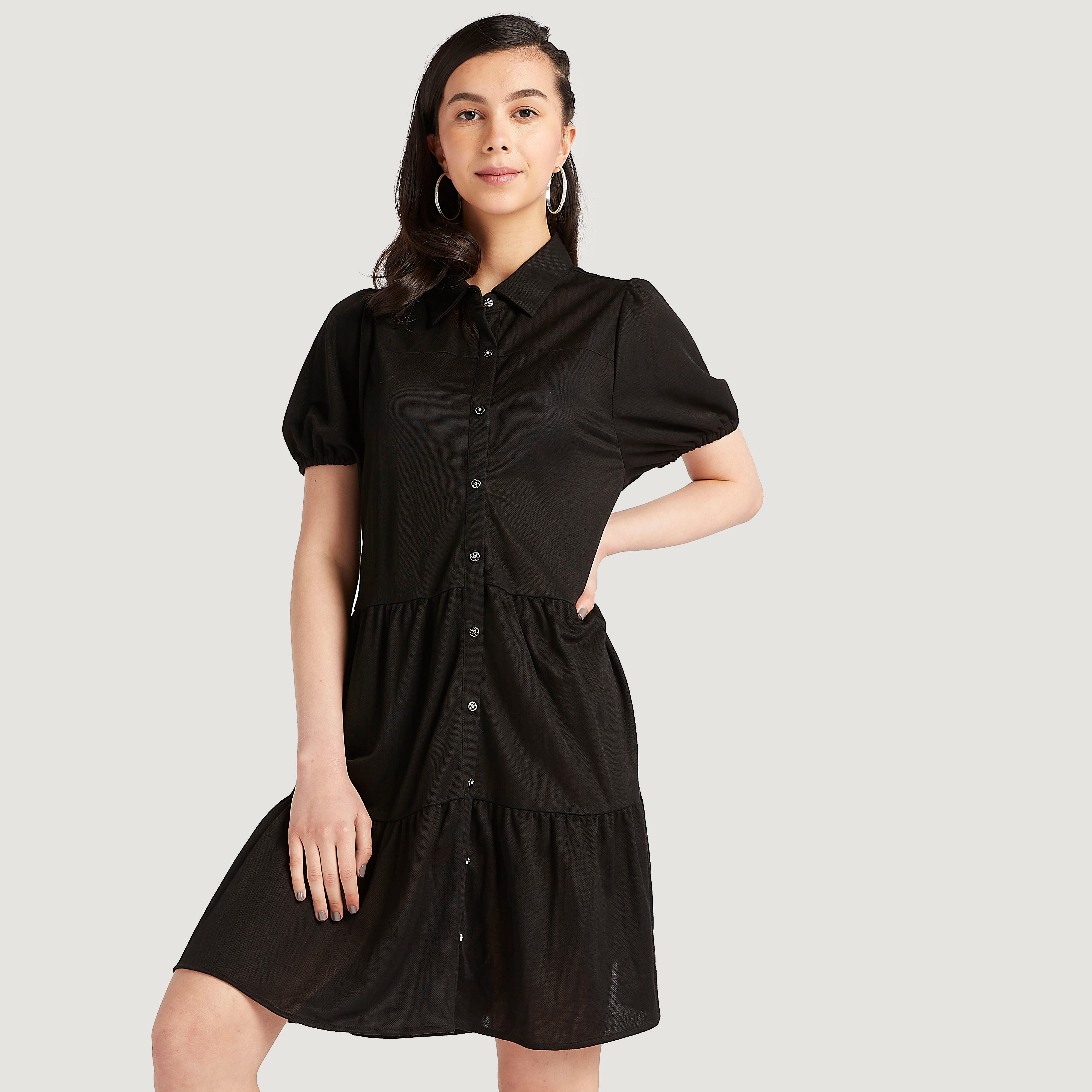 فستان قميص سادة قصير بياقة عادية وأكمام قصيرة-women-clothing-dresses-image-1