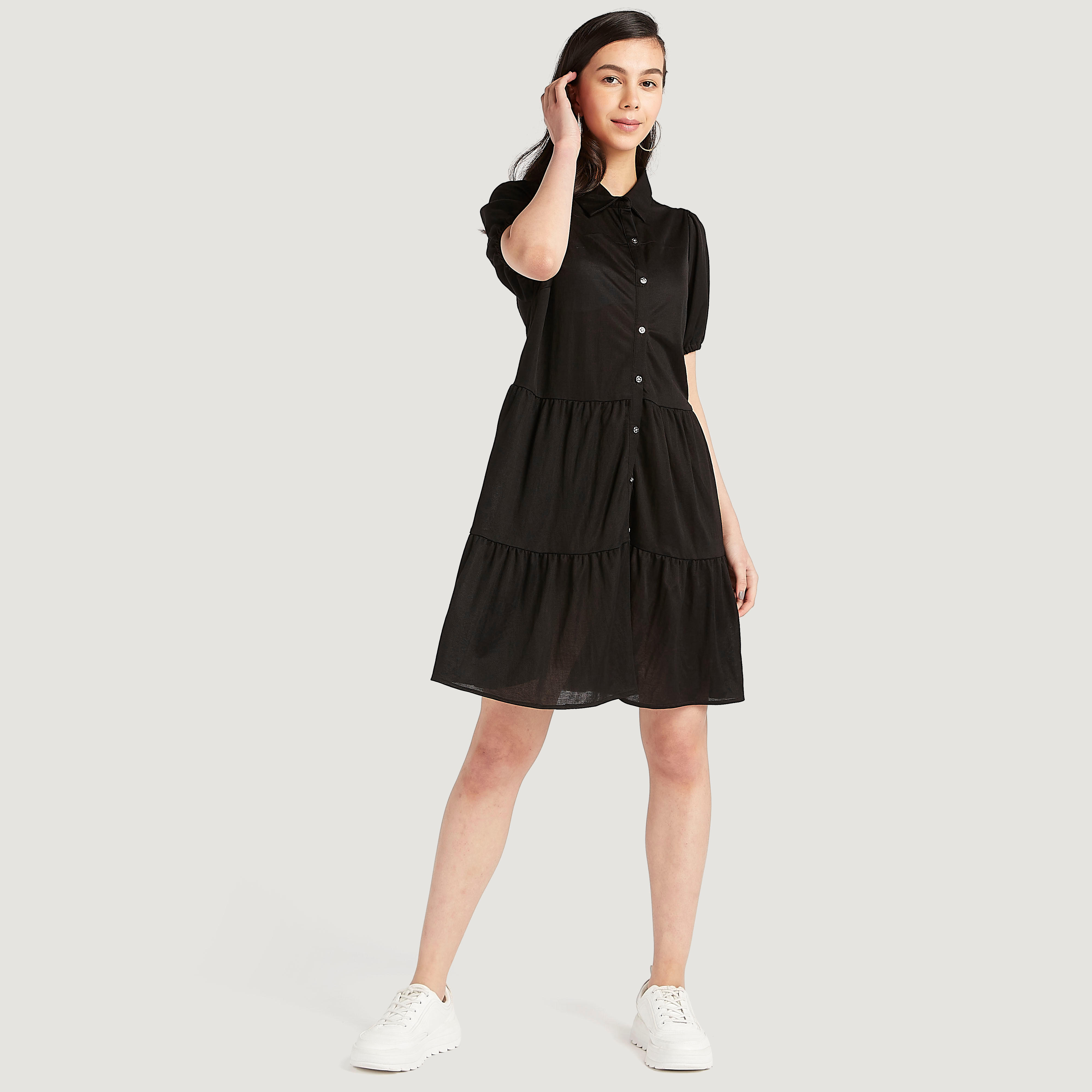 فستان قميص سادة قصير بياقة عادية وأكمام قصيرة-women-clothing-dresses-image-2