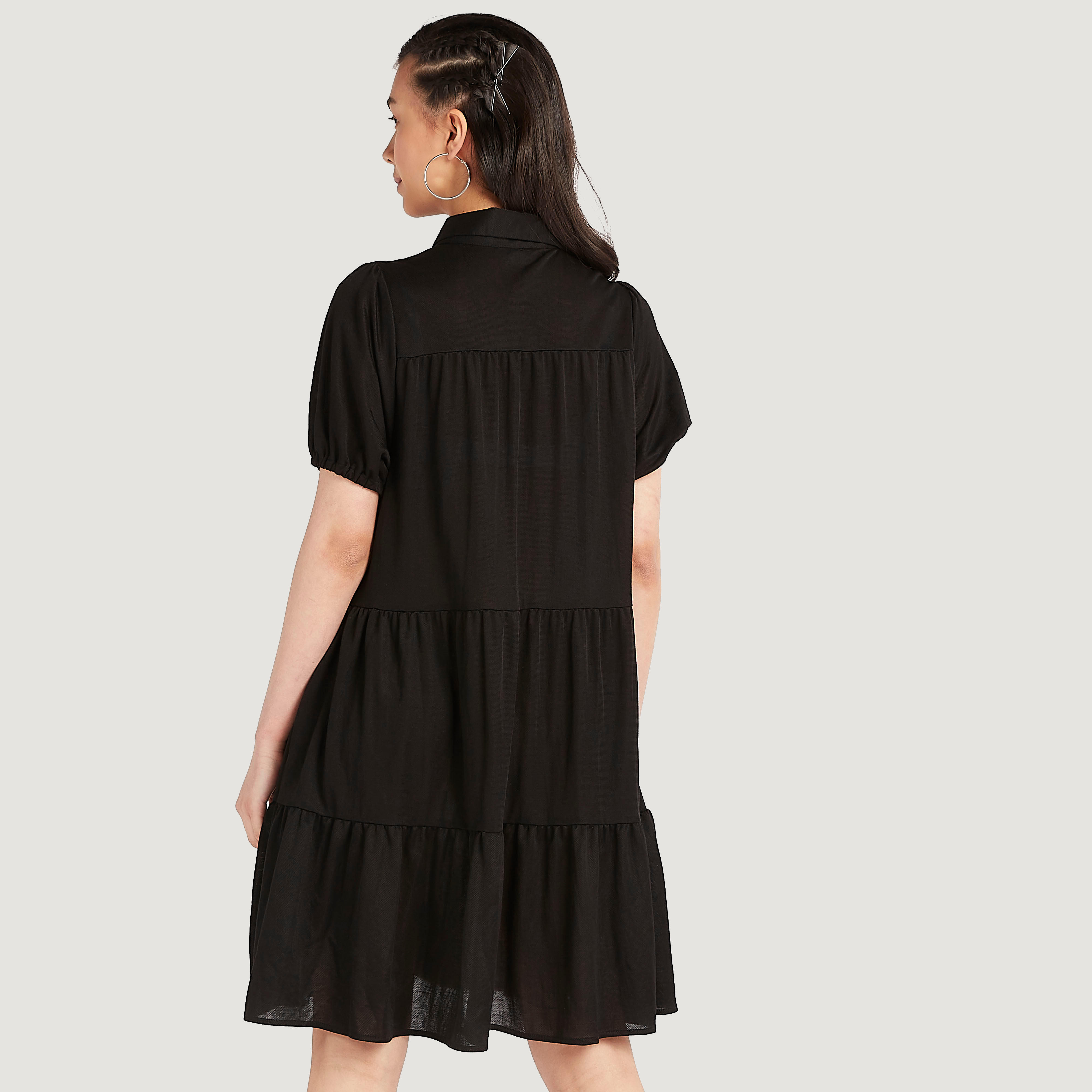 فستان قميص سادة قصير بياقة عادية وأكمام قصيرة-women-clothing-dresses-image-4