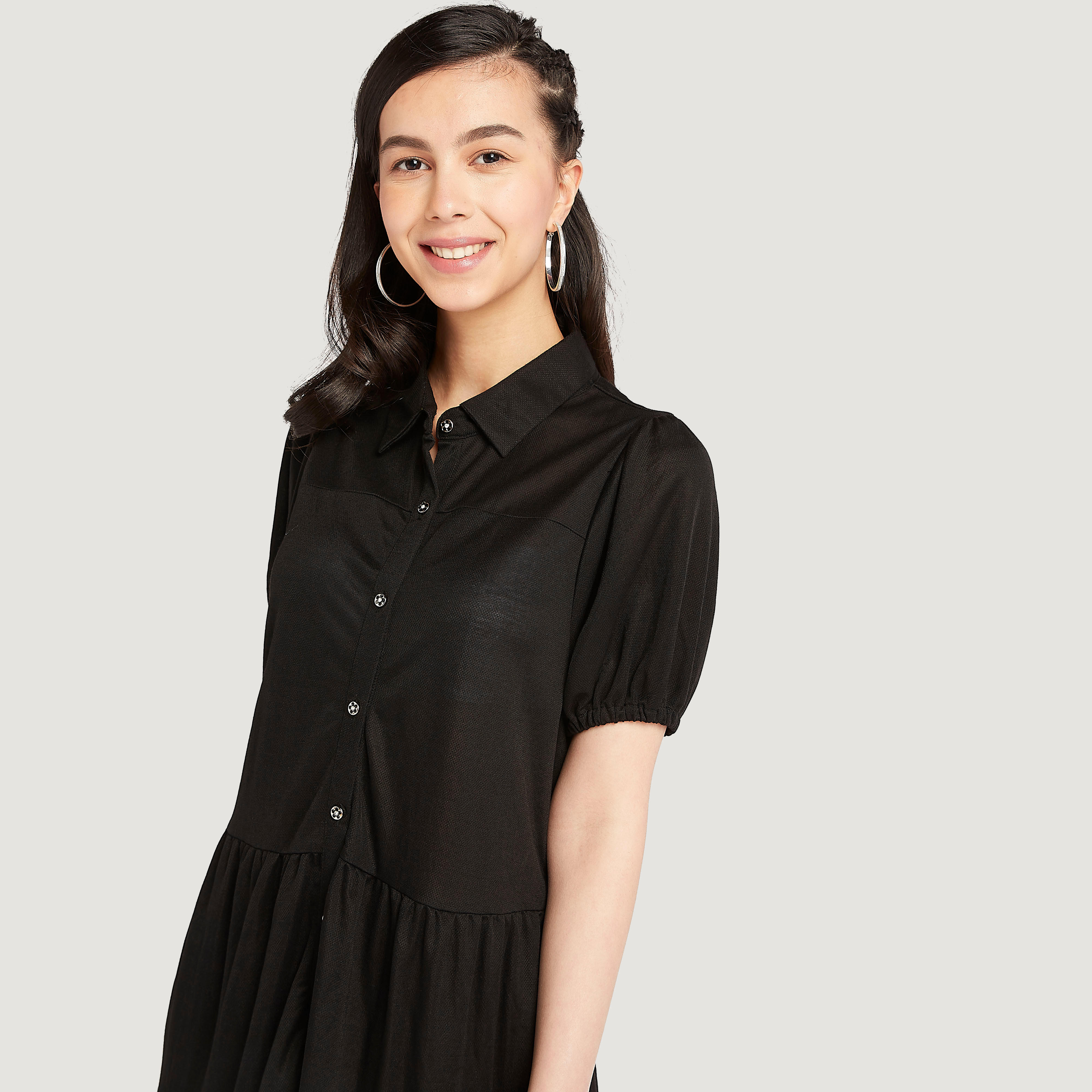 فستان قميص سادة قصير بياقة عادية وأكمام قصيرة-women-clothing-dresses-image-5