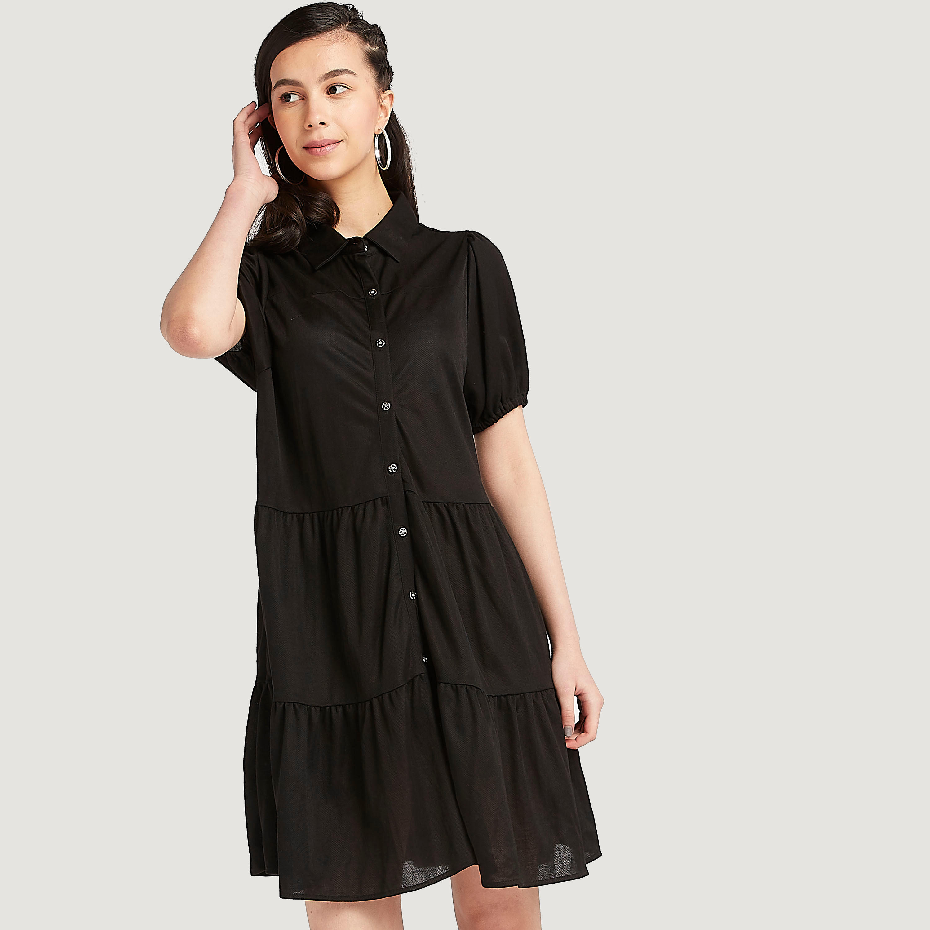 فستان قميص سادة قصير بياقة عادية وأكمام قصيرة-women-clothing-dresses-image-6