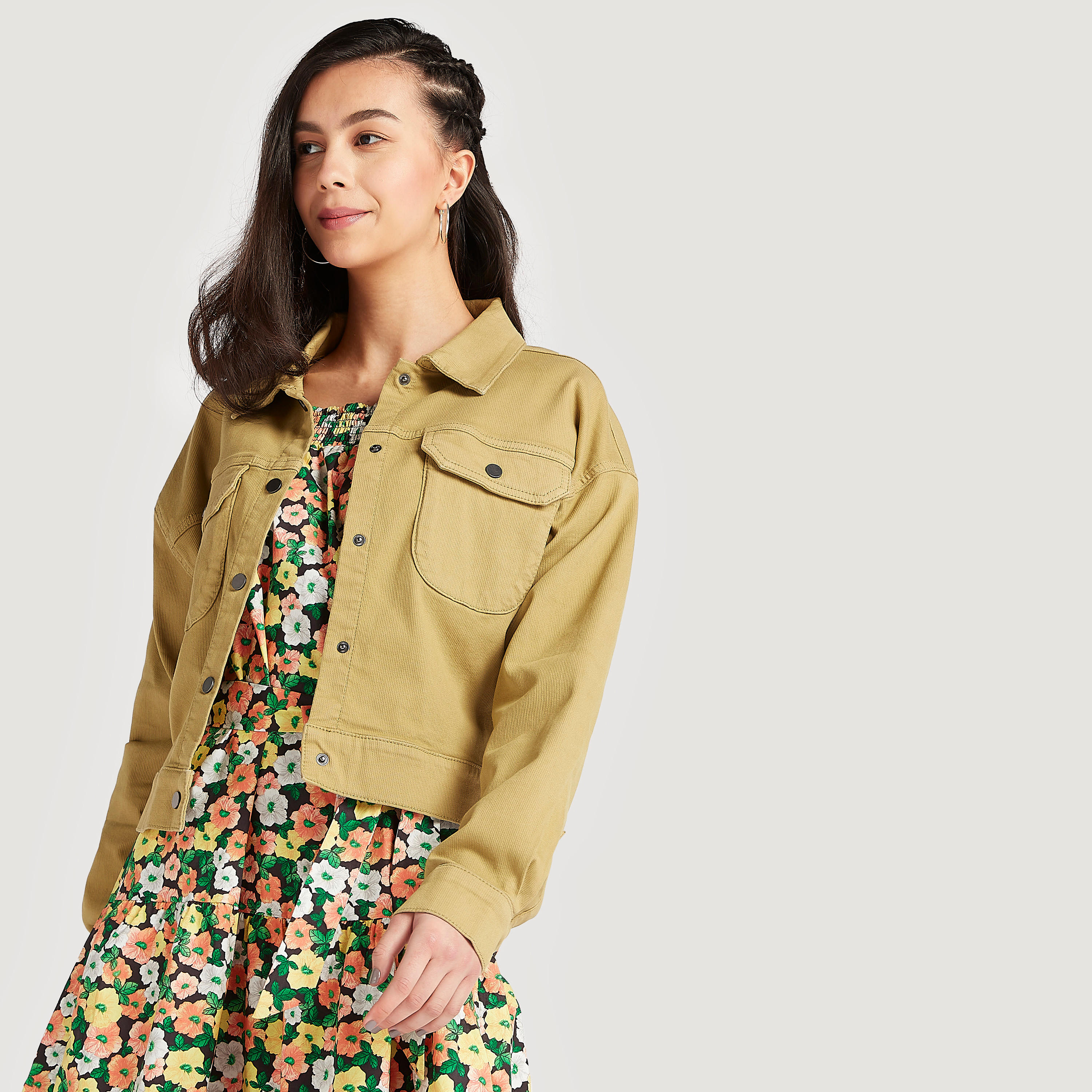 جاكيت تراكر دينم مضلّع بجيوب بطيّة وأكمام طويلة-women-winterwear-coatsandjackets-jackets-image-6