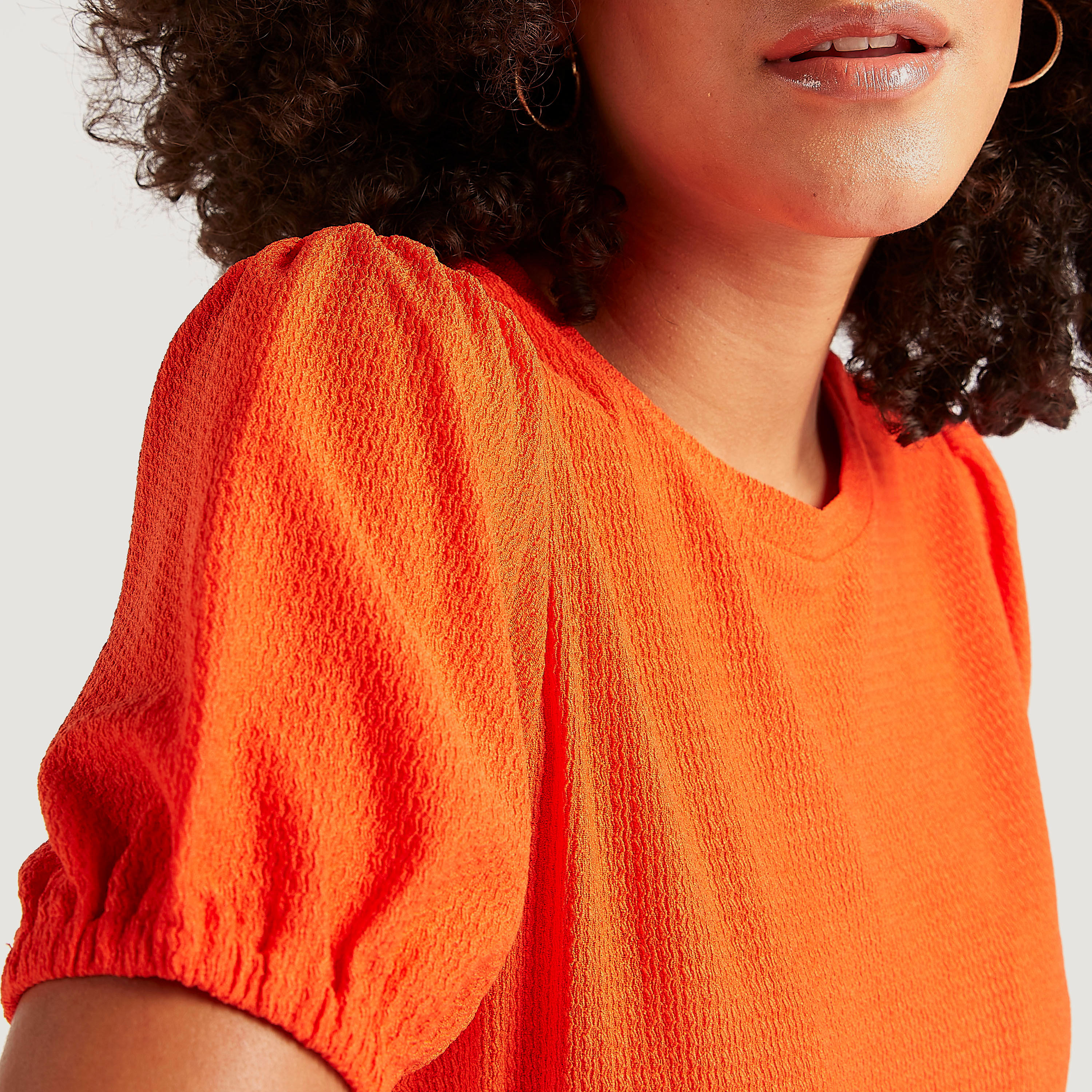 فستان ميدي إيه لاين ميدي بارز الملمس بأكمام قصيرة منفوخة وياقة ضيّقة-women-clothing-dresses-image-5