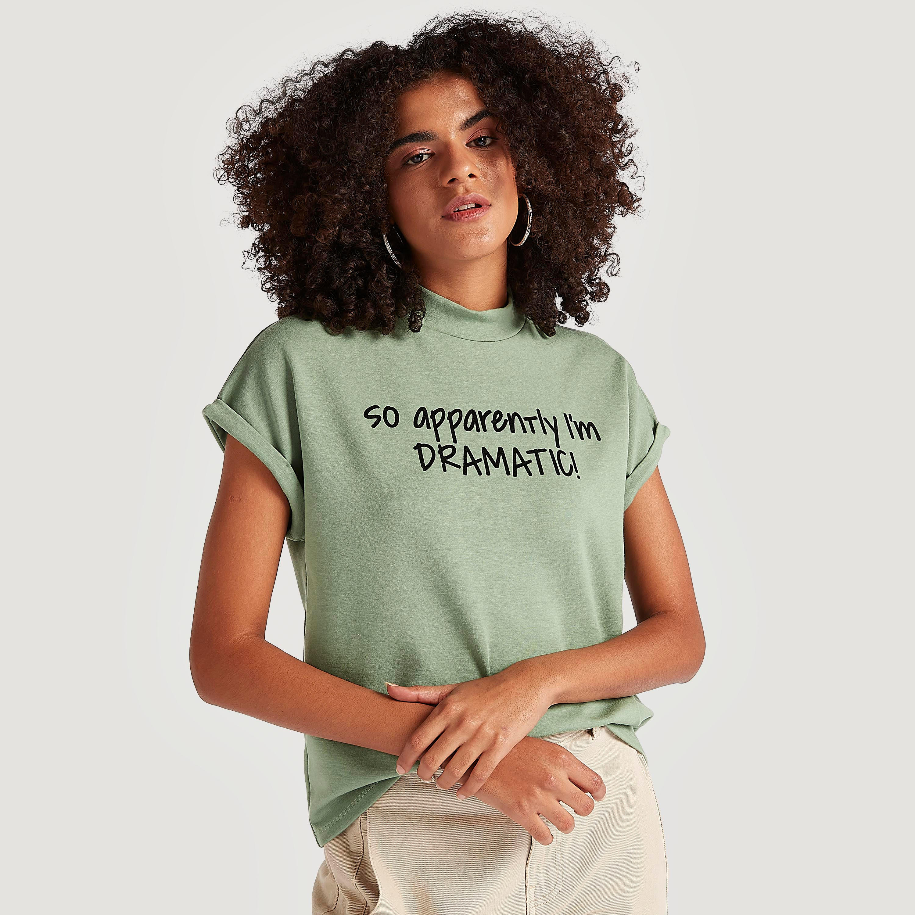 Printed T-shirt with High Neck and Cap Sleeves-women-clothing-tshirts-image-1