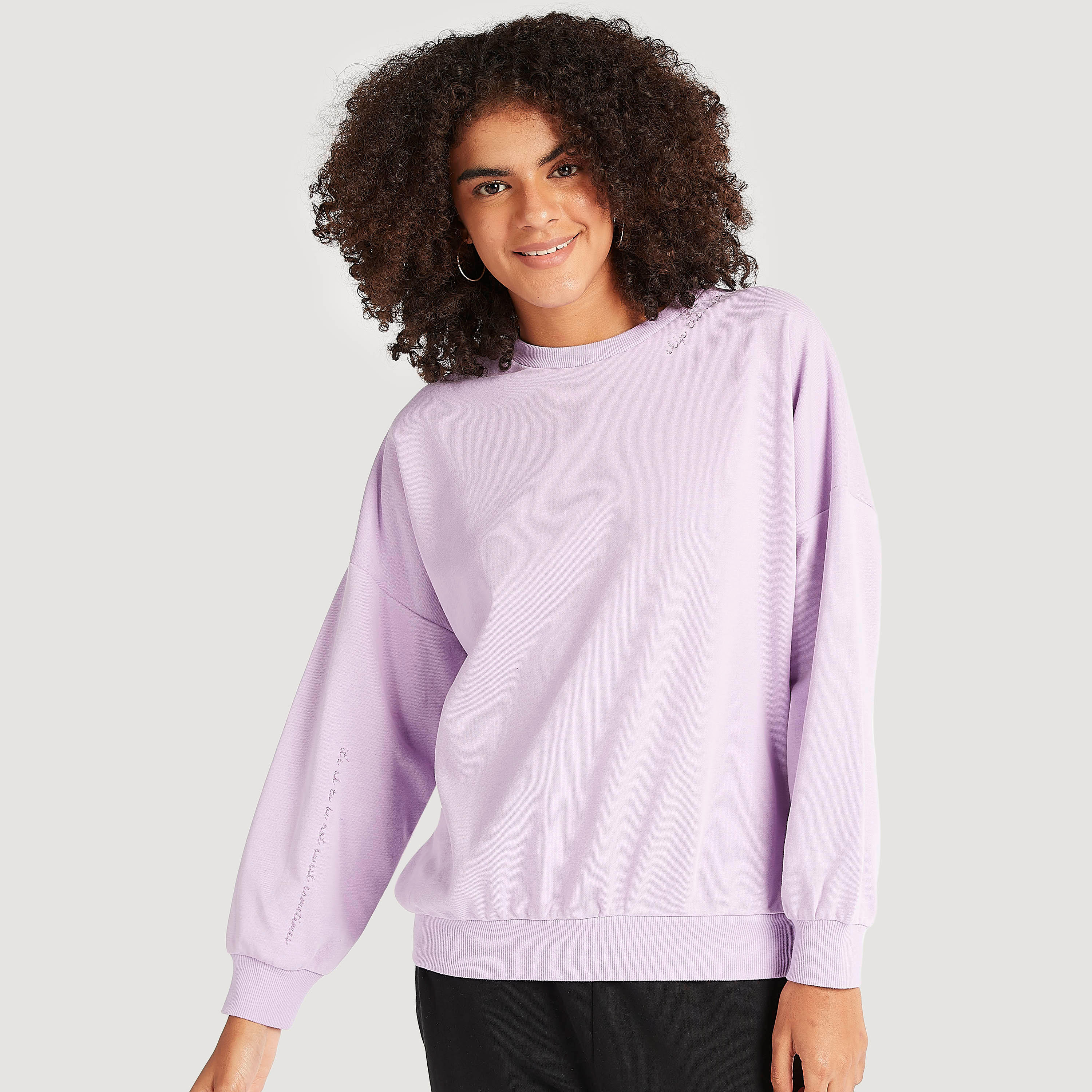 Slogan Embroidered Crew Neck Sweatshirt with Long Sleeves-women-winterwear-hoodiesandsweatshirts-sweatshirts-image-1