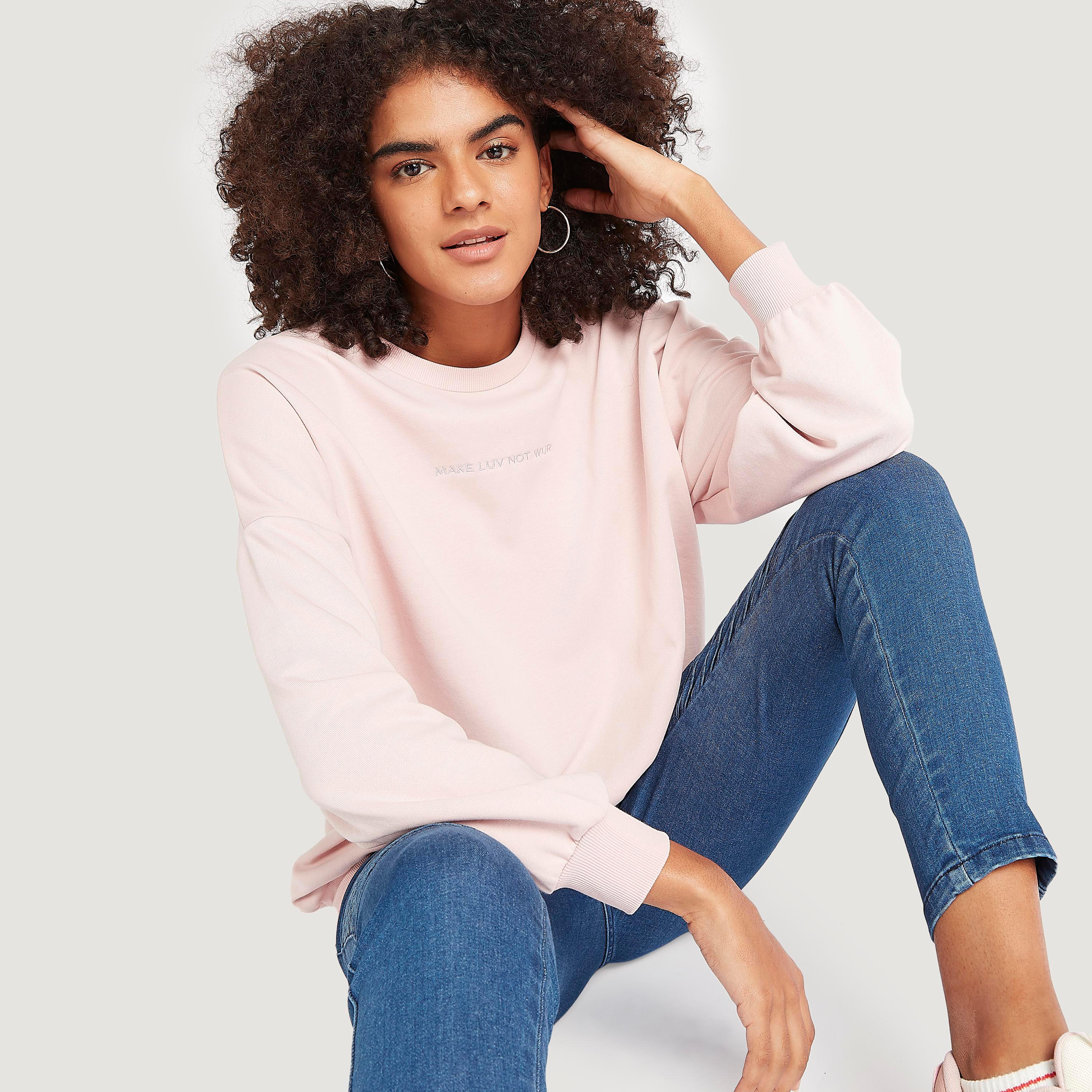 Slogan Embroidered Crew Neck Sweatshirt with Long Sleeves-women-winterwear-hoodiesandsweatshirts-sweatshirts-image-1