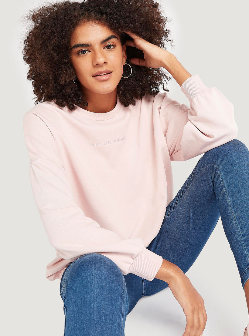 Slogan Embroidered Crew Neck Sweatshirt with Long Sleeves-women-winterwear-hoodiesandsweatshirts-sweatshirts-image-1