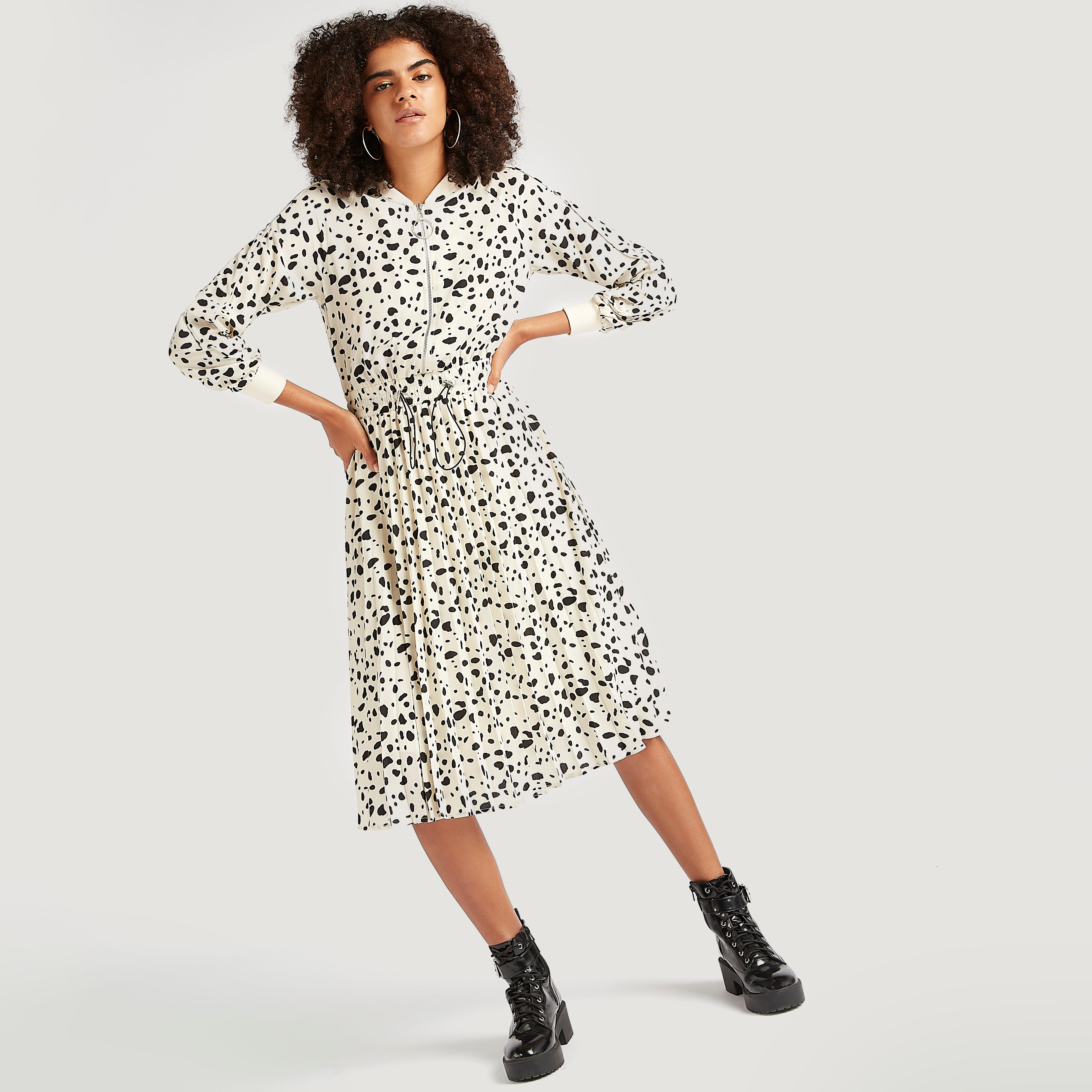 فستان إيه لاين ميدي بطبعات حيوانات وسحّاب إغلاق وخصر مطرّز-women-clothing-dresses-image-2