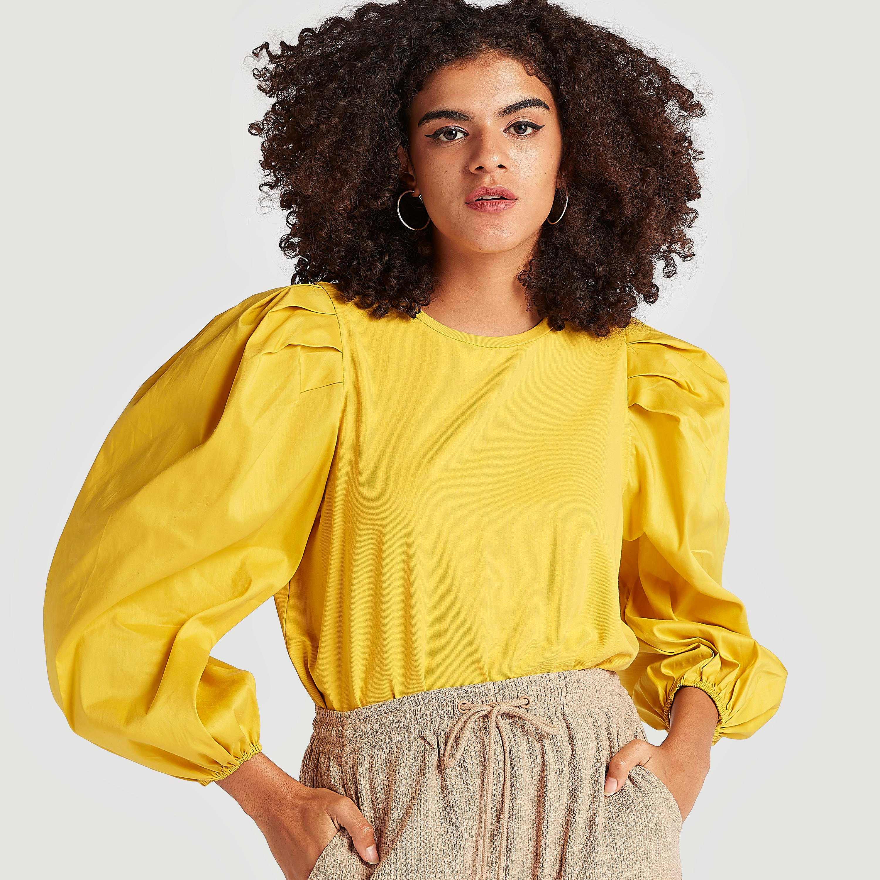 Solid Peplum Top with Crew Neck and Long Puff Sleeves-women-clothing-shirtsandblouses-blouses-image-1