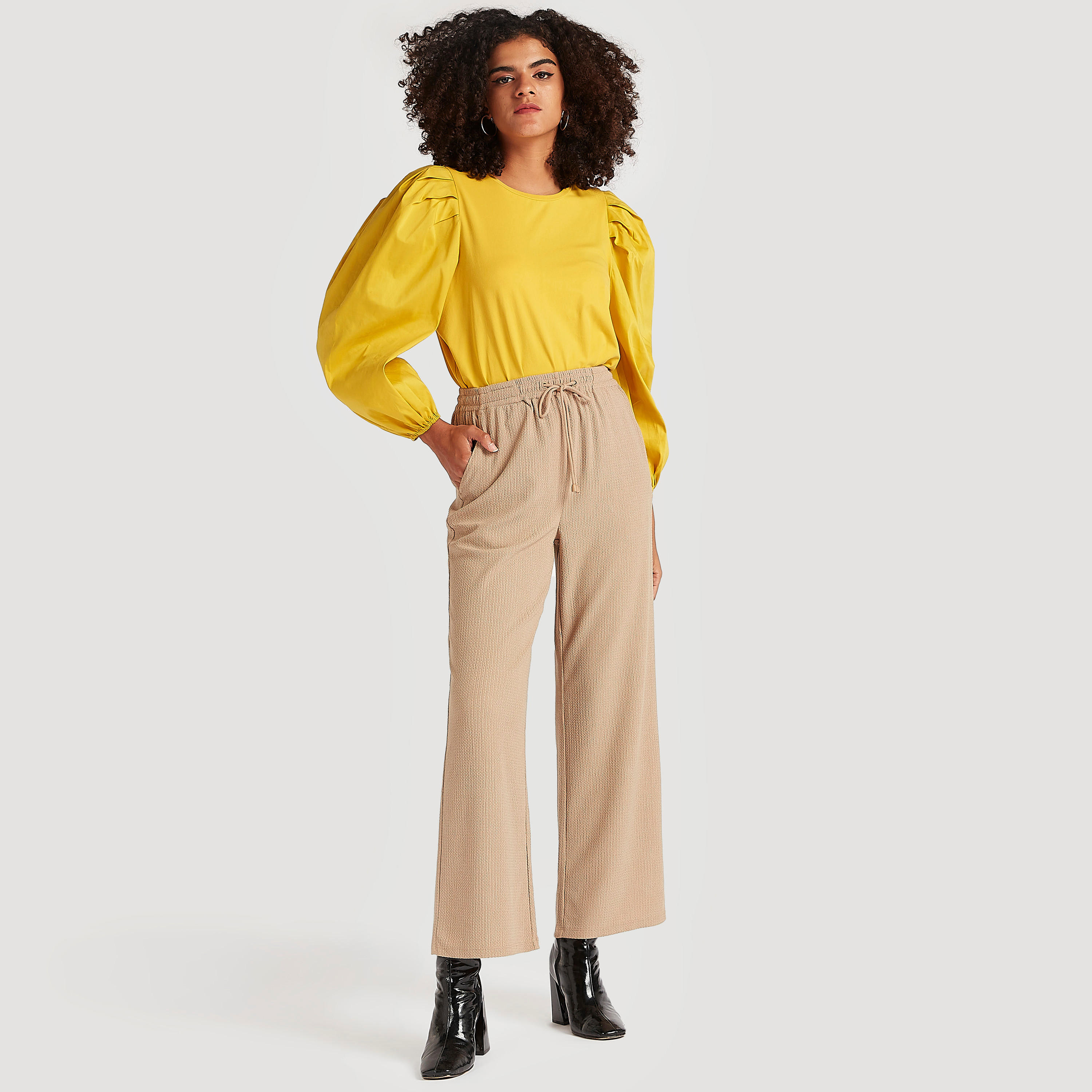 Solid Peplum Top with Crew Neck and Long Puff Sleeves-women-clothing-shirtsandblouses-blouses-image-2