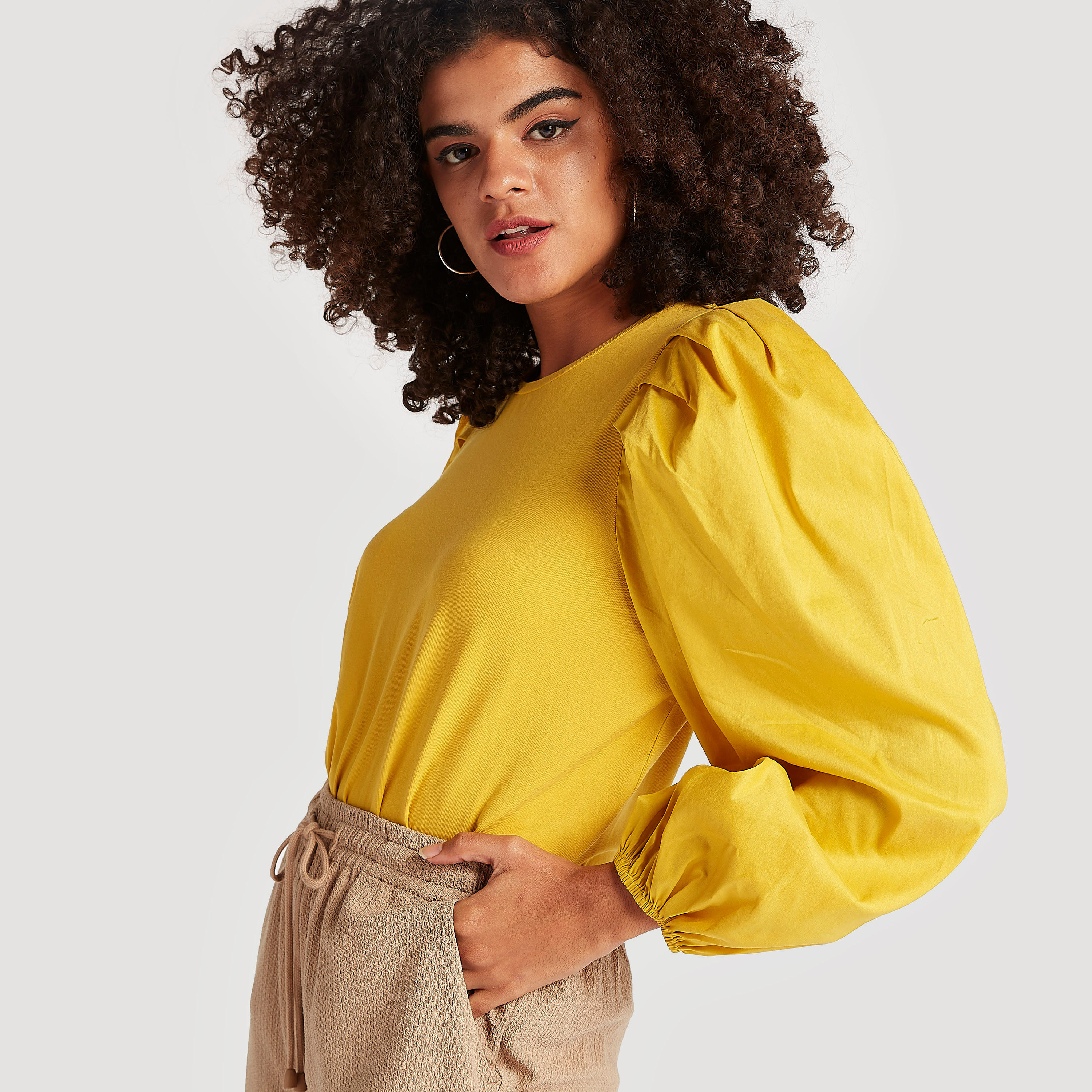 Solid Peplum Top with Crew Neck and Long Puff Sleeves-women-clothing-shirtsandblouses-blouses-image-5